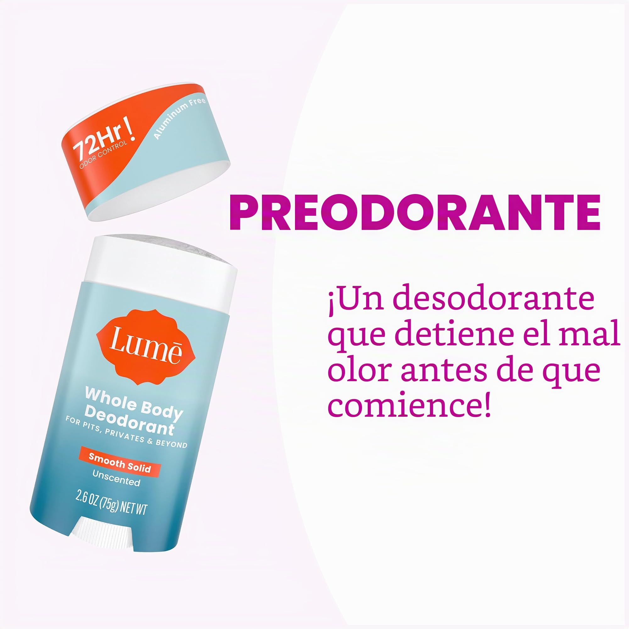 Lume Desodorante sólido en barra, desodorante para todo el cuerpo, sin aluminio, sin bicarbonato de sodio, hipoalergénico, seguro para pieles sensibles, barra sólida de 2.6 onzas (sin perfume)