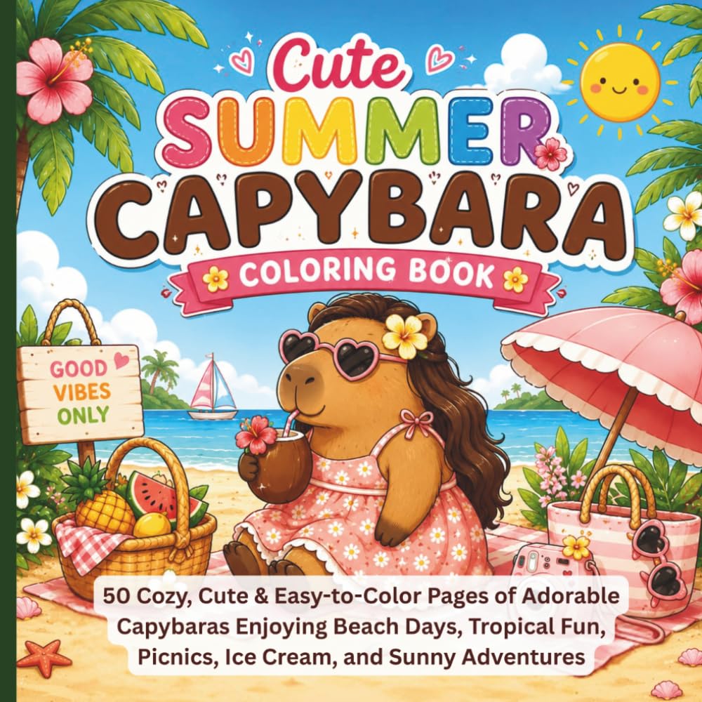 Cute Summer Capybara Coloring Book: 50 Cozy, Cute & Easy-to-Color Pages of Adorable Capybaras Enjoying Beach Days, Tropical Fun, Picnics, Ice Cream, ... Adventures (The Cozy Capybara Adventures™)