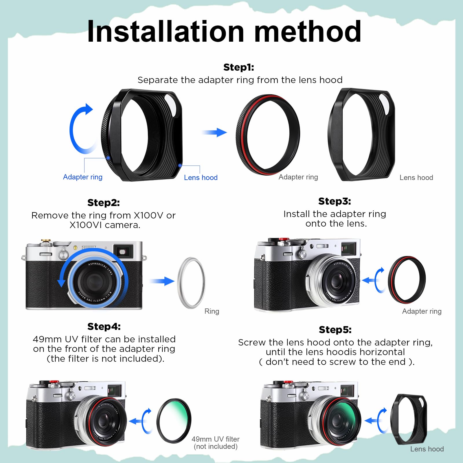 Haoge Square Metall Objektivblende with 49mm Uv Filter Adapter Ring for Fujifilm X100VI Fuji X100V X100F X100T X100S X70 Fuji Photo Camera Accessories Hollow Out Designed Black