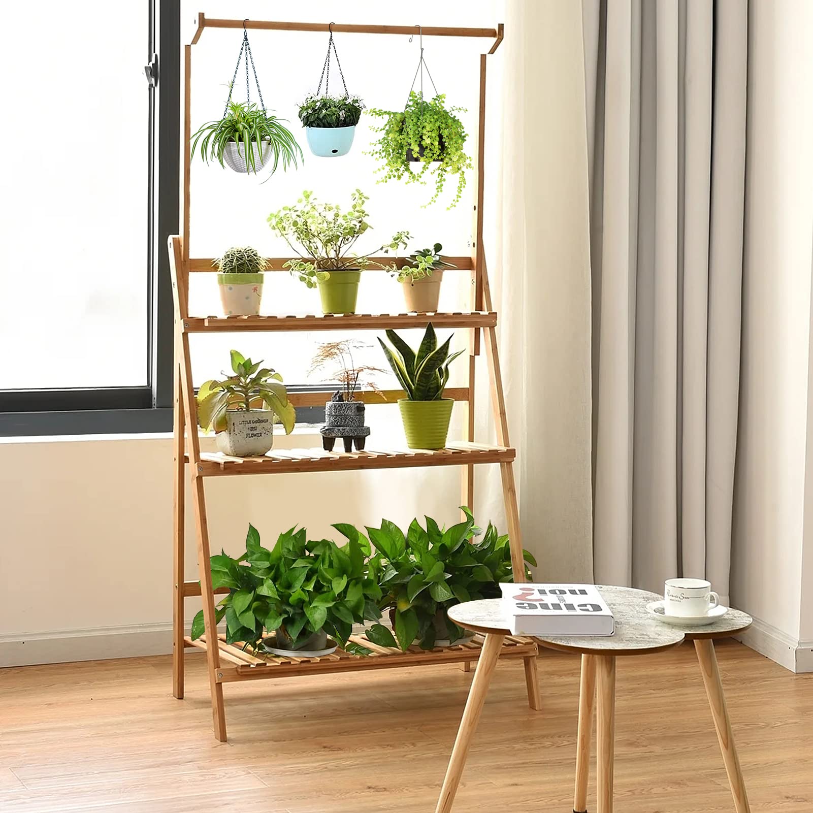 Ejoyous Multifunctionele meerlaagse bloemenplank van bamboe plantentrappen voor meer planten en hangende manden voor binnenbalkon woonkamer buiten tuindecoratie 68,5 x 40 x 96 cm