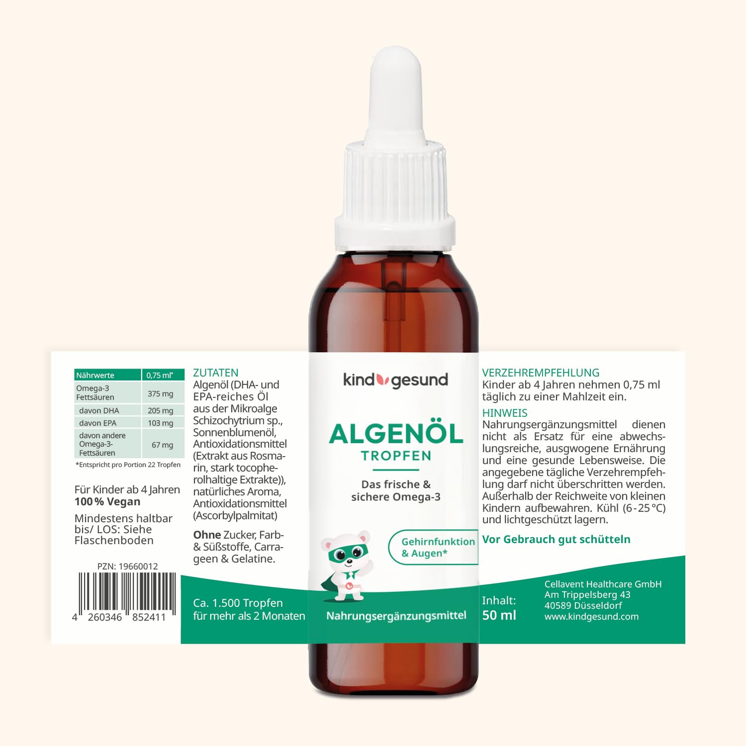 Omega 3 Kinder Tropfen – vegan & nachhaltig – 50 ml Algenöl (66 Tage) – kindgerecht dosiert: 205 mg DHA + 103 mg EPA pro Tagesdosis – mit Zitronengeschmack - ab 3 Jahren