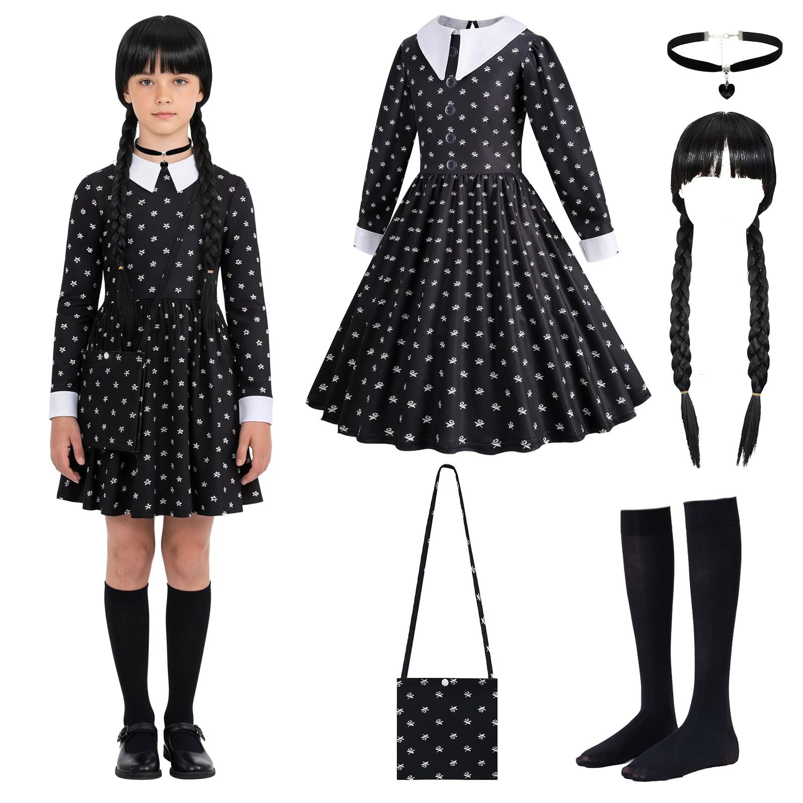 YAEGIMHT Black costume for girls aged 6-10 years – Halloween costume for children with wig, bag, knee socks & choker – Black polka dot dress, Gothic college style, cosplay, carnival – Size 130/140