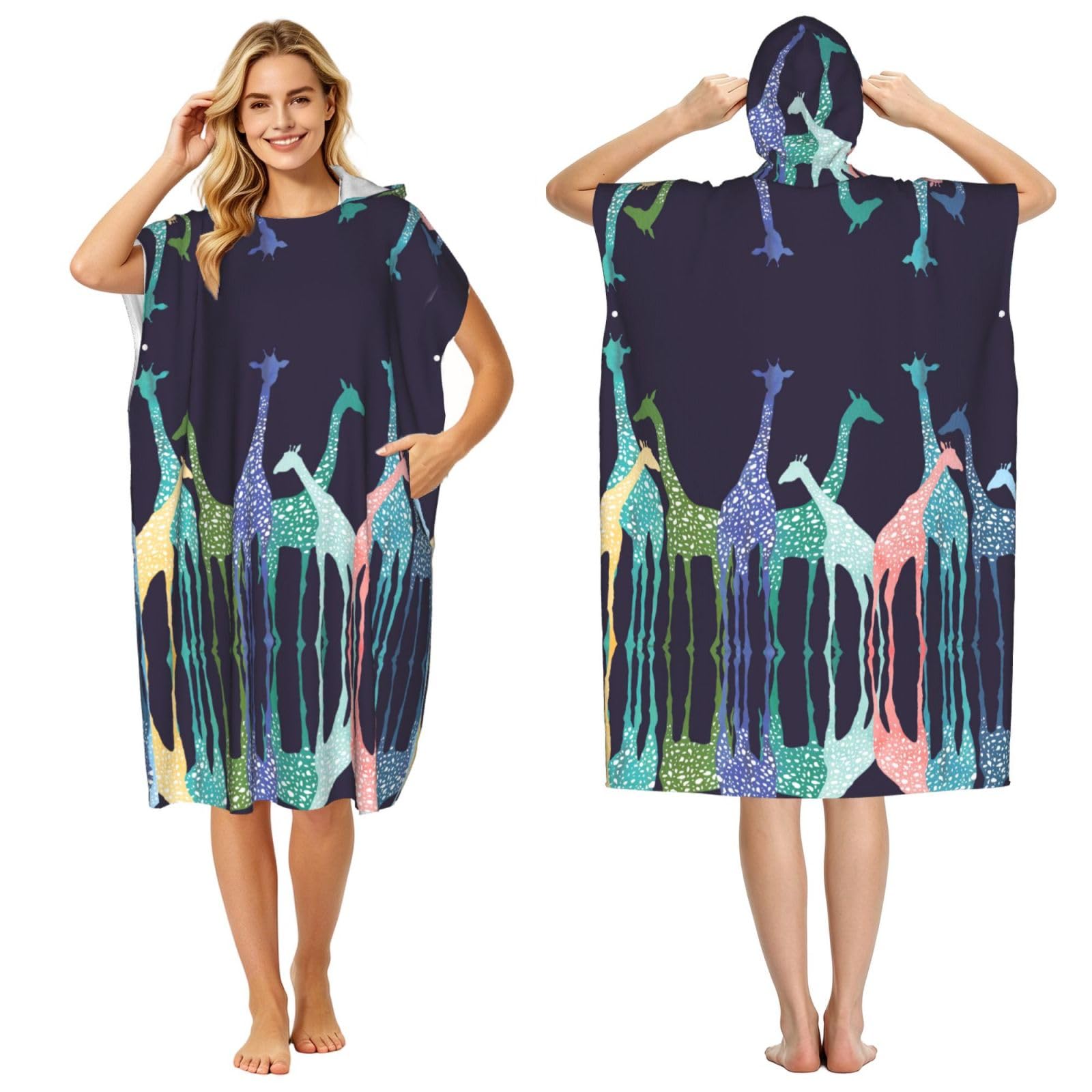 EZDLOWVBA Colorful Giraffe Fans Lovers Print Hooded Poncho Microfiber Beach Towel,Adult Women & Men Changing Robe,Lightweight Summer Surf Swim Bath Poncho Towel