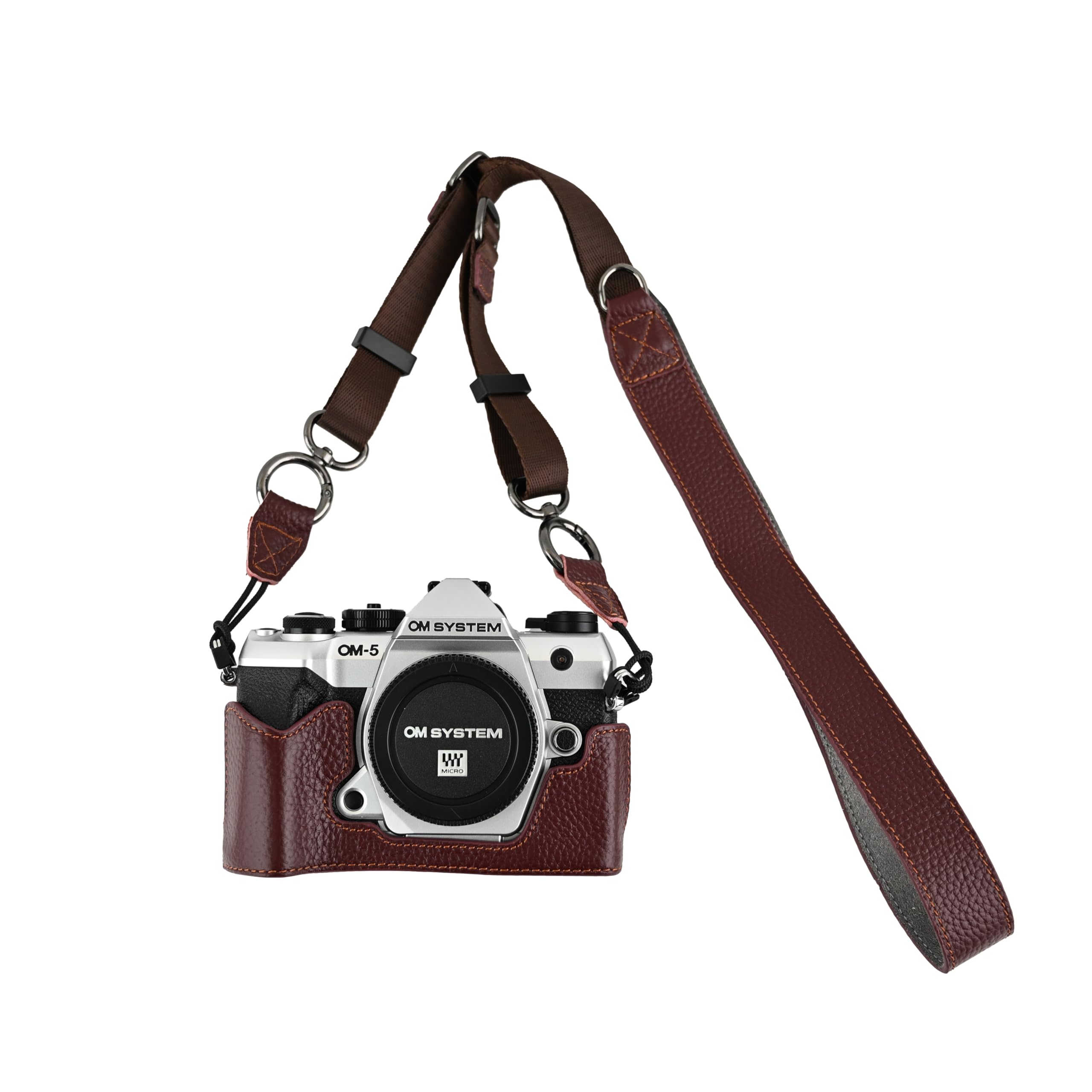 BMAOLLONGB OM-5 Mark II Case, Litchi Handmade Genuine Real Leather Half Camera Case Bag Cover for Olympus System OM-5 Mark II Bottom Opening Version + Neck Strap (Brown)