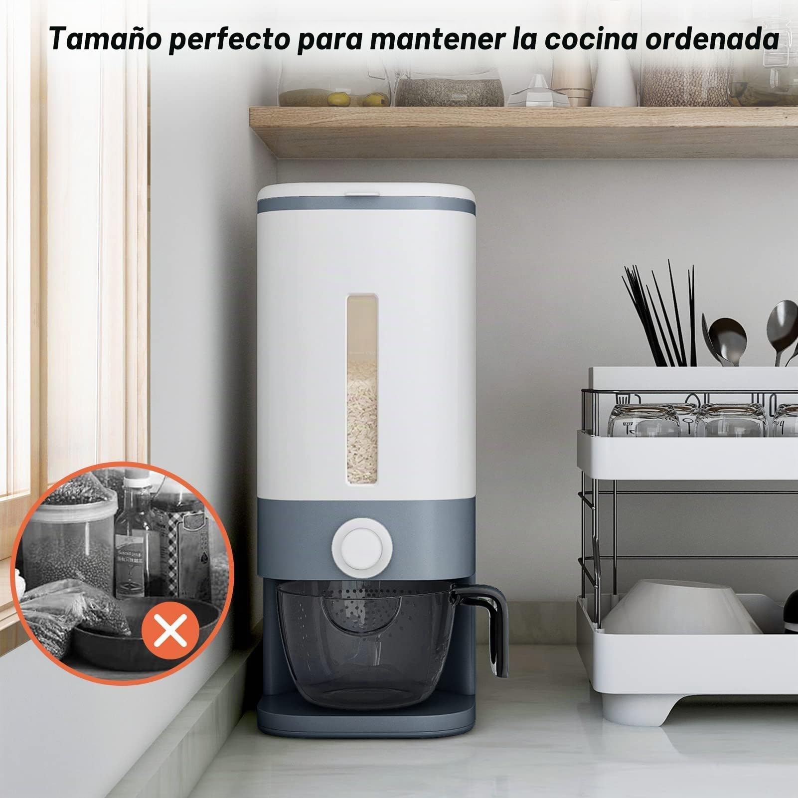 Dispensador de arroz grande, contenedor de grano grande con tapa, cilindro de medición, a prueba de humedad, dispensador de cereales para el hogar, cubo para cocina, soja y maíz