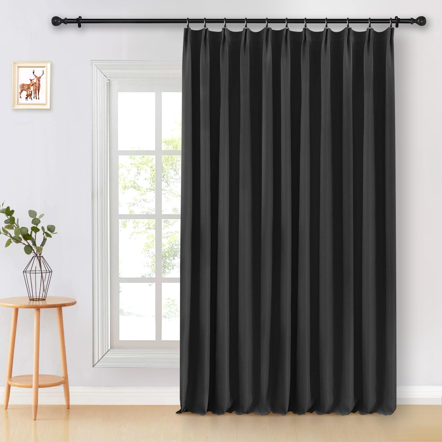 LIYAXUN Pinch Pleated Curtains, Black Curtains 96 inch Long for Bedroom, Solid Thermal Insulated Blackout Drape, Pinch Pleat Drapes with Hooks (Black, 1 Panel, W52 x L96 inch)