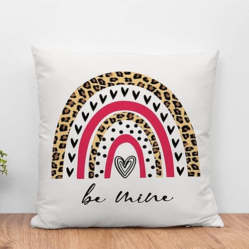 Funda de cojín con texto en inglés Be Mine para el día de San Valentín, diseño de leopardo, a cuadros, arco iris, con contorno en forma de corazón,
