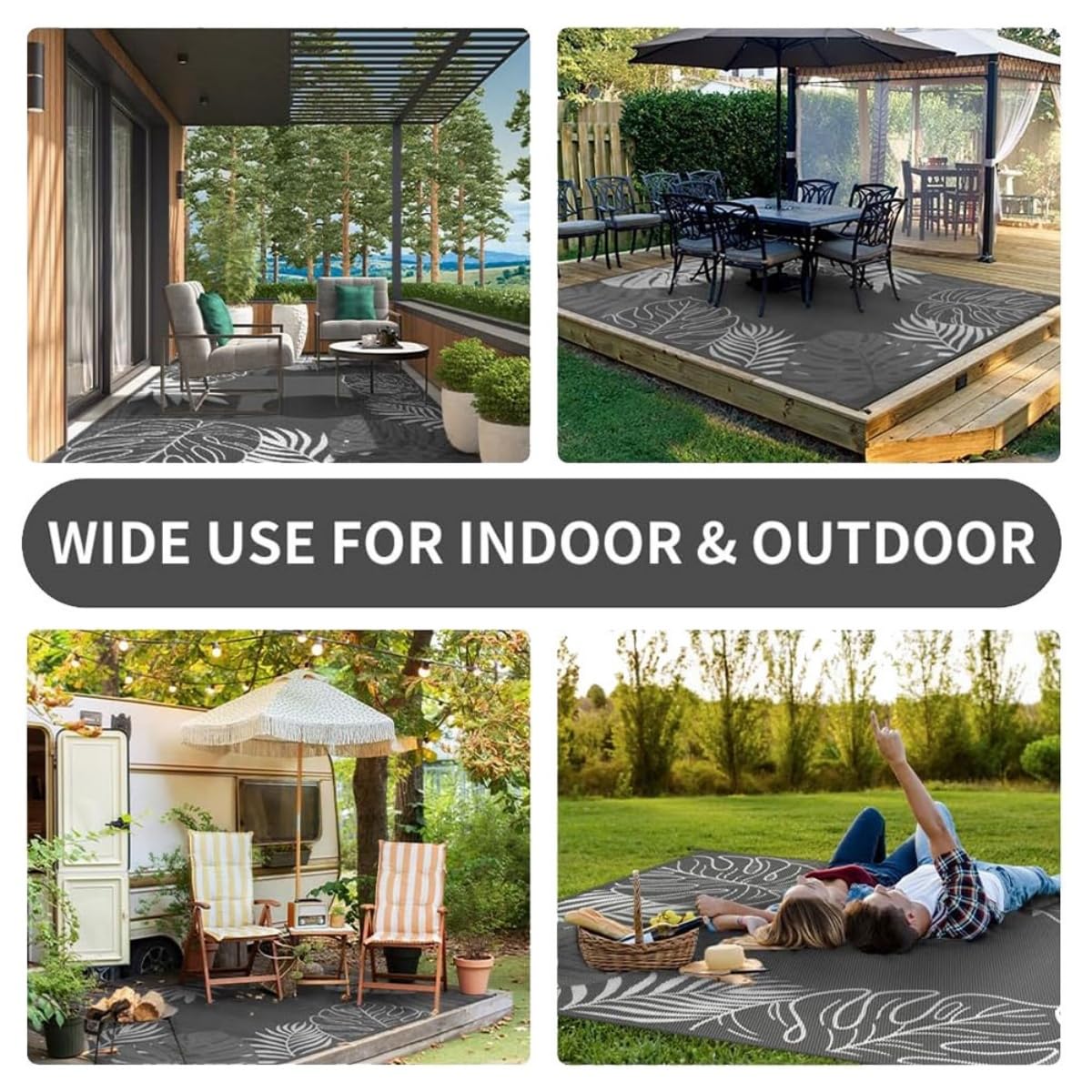 Hiseng Tappeto da Esterno Impermeabile Plastica Grigio Moderno Grande Reversibile Resistente UV Pieghevole Patio Campeggio 183x274cm