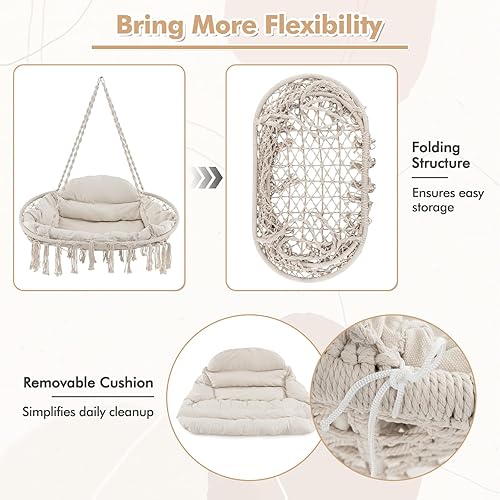 Miniatura 5 de Tangkula 2-Person Hanging Hammock Chair, Boho Style Macrame Hammock Swing with Soft Cushions, Tassels, Indoor Outdoor Cotton Rope Hanging Swing