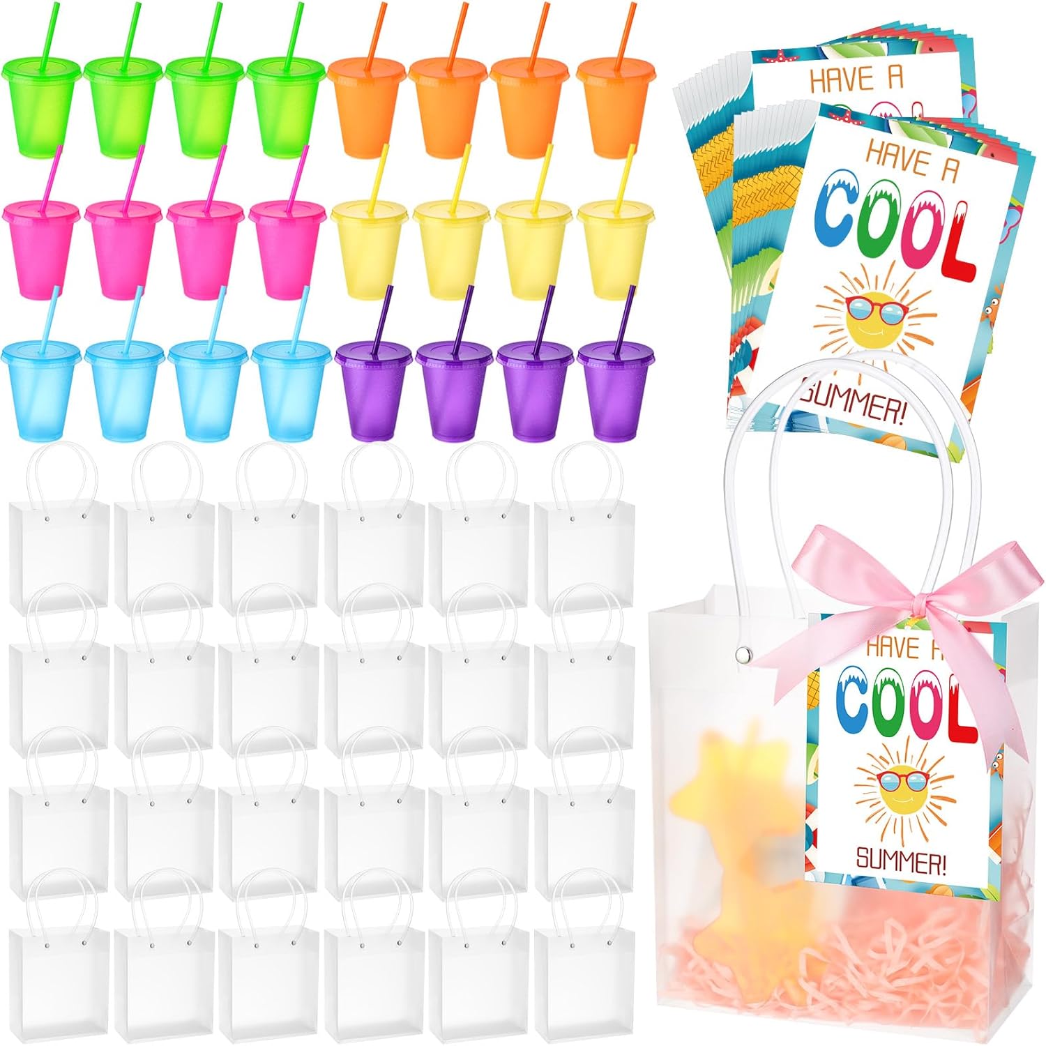 24 Sets End of The Year Student Gifts Bulk Pool Party Favors 16 oz Colorful Plastic Cups Tumblers with Lids Straws Gift Bags with Handles Summer Cards for Beach Party 6 Colors
