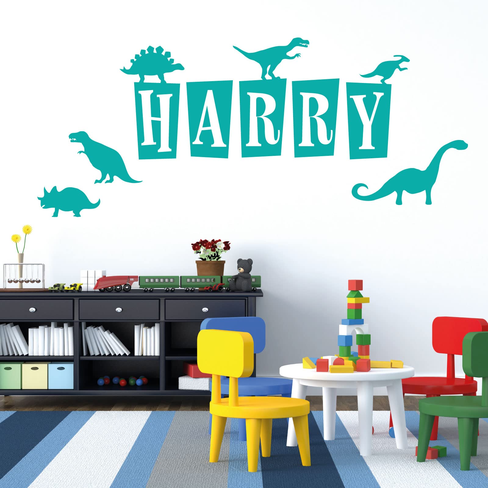 Personalised Name - Dinosaurs, T-Rex, Apatosaurus, Jurassic Era - Children's Bedroom Vinyl Wall Decal Sticker [Medium] [Turquoise]