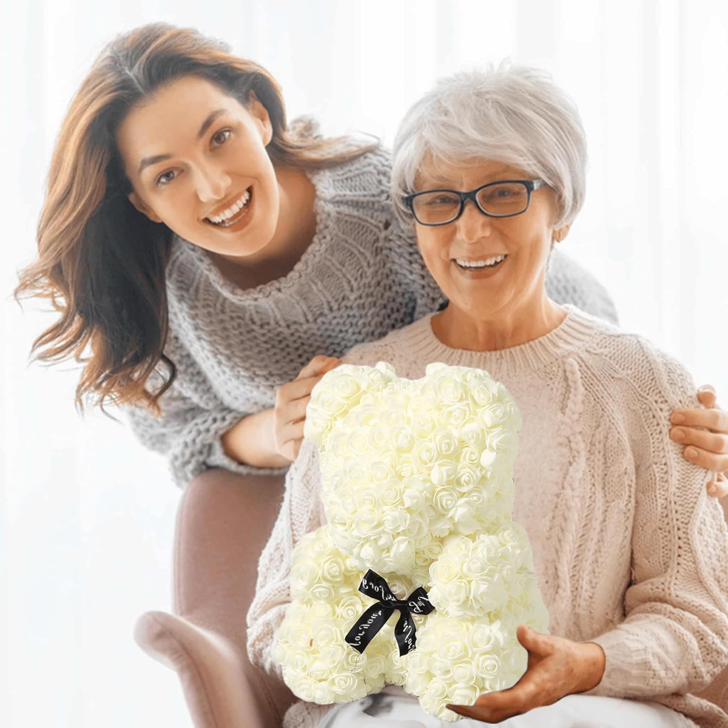 Blue Rose Teddy Bear in Clear Box - Big Artificial Flower Bear for Tiffany Room Decor, Romantic for Her, Handmade Light Blue Plush Floral Toy