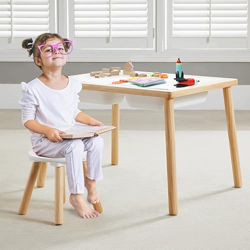 Miniatura 2 de Beright Taburete de madera para niños, silla redonda de 9 pulgadas para niños pequeños con mesa sensorial, taburete resistente con cuatro patas