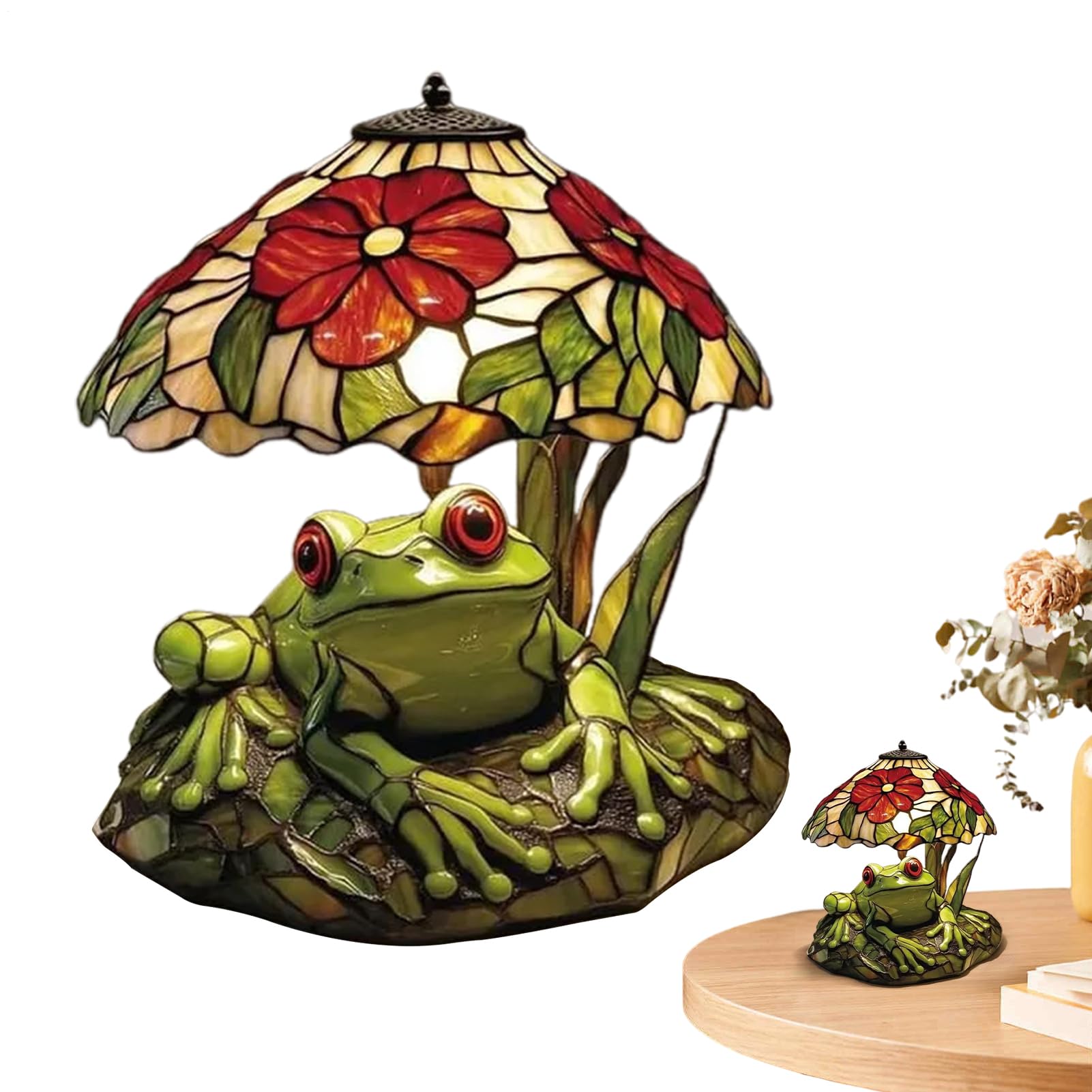 Frog and Flower Stained Lamp | Frog and Flower Table Lamp, Rustic Garden Stained Glass Design, for Nightstand Kitchen Dining Room Offices Desk Counter Nursery Home Bedroom