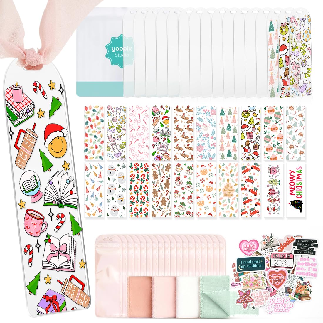 YOPPIX Marcapáginas acrílicos en blanco de 6 x 2 pulgadas, kit de 20 marcapáginas con 20 calcomanías UV DTF sobre el tema de Navidad y 20 cintas para manualidades, regalos, regalos para amantes de los