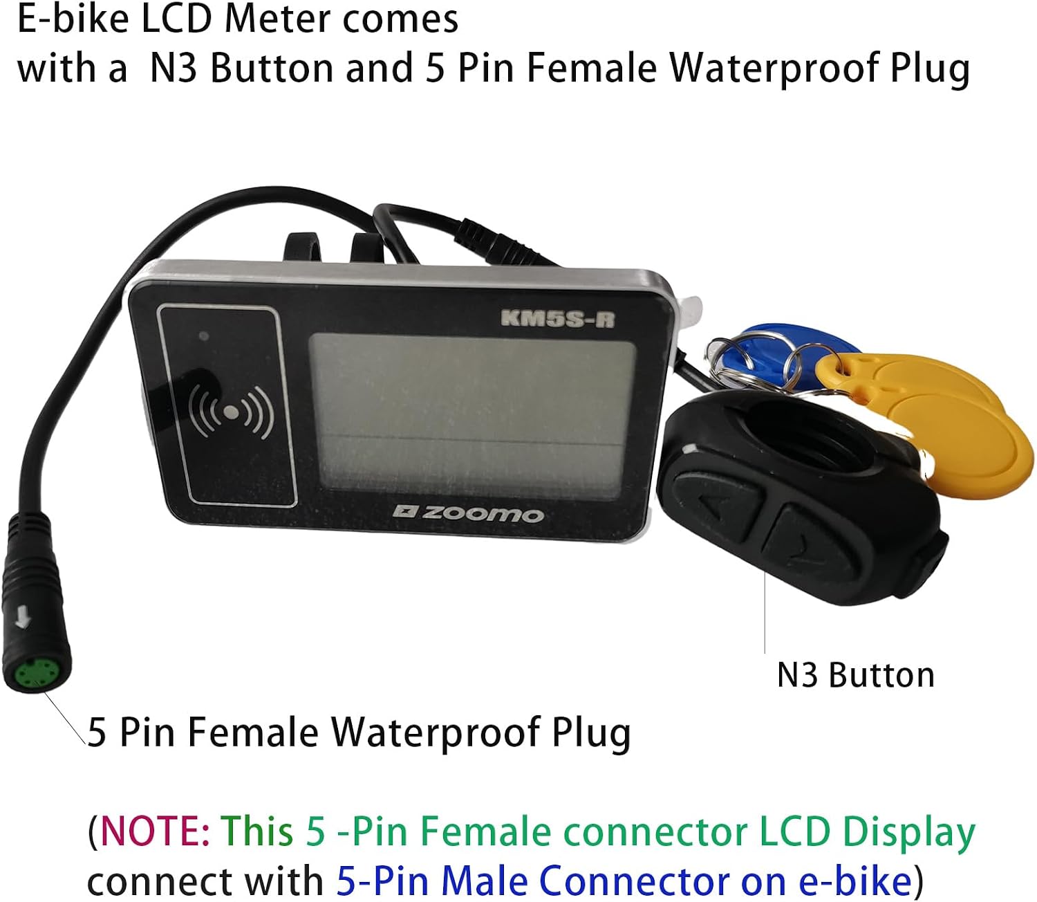 ZOOMO KM5S-R EBike LCD Display Meter with N3 Button 5 Pin Female Waterproof Plug 36V Digital Cycling Computer with Real Time Speed Battery Data Display for 0.9in/22.2mm Handlebar