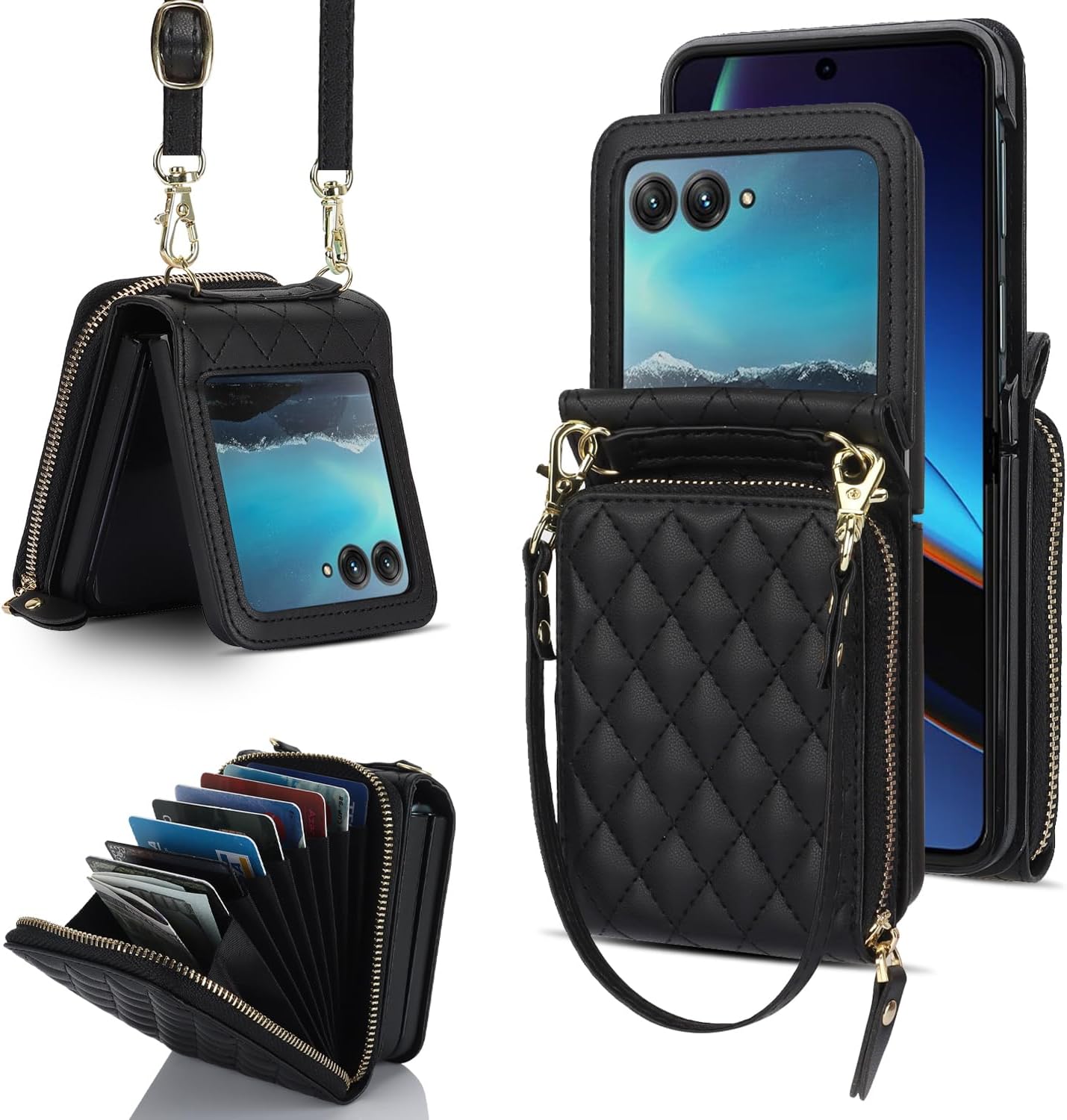 NINKI Leather Case for Motorola Razr 2025 with Wallet,Lanyard Hinge Protection Card Holder for Moto Razr 2025 Matte Leather Wallet Purse Phone Cover for Moto Razr 60 Girl Purple