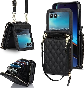 NINKI Card Holder for Motorola Razr 2024 Plus Case with Card Holder, Wallet Cover for Moto 2024 Plus Cover Leather Wallet Finger Loop Case with Detachable Strap for Moto Razr 50 Ultra Black