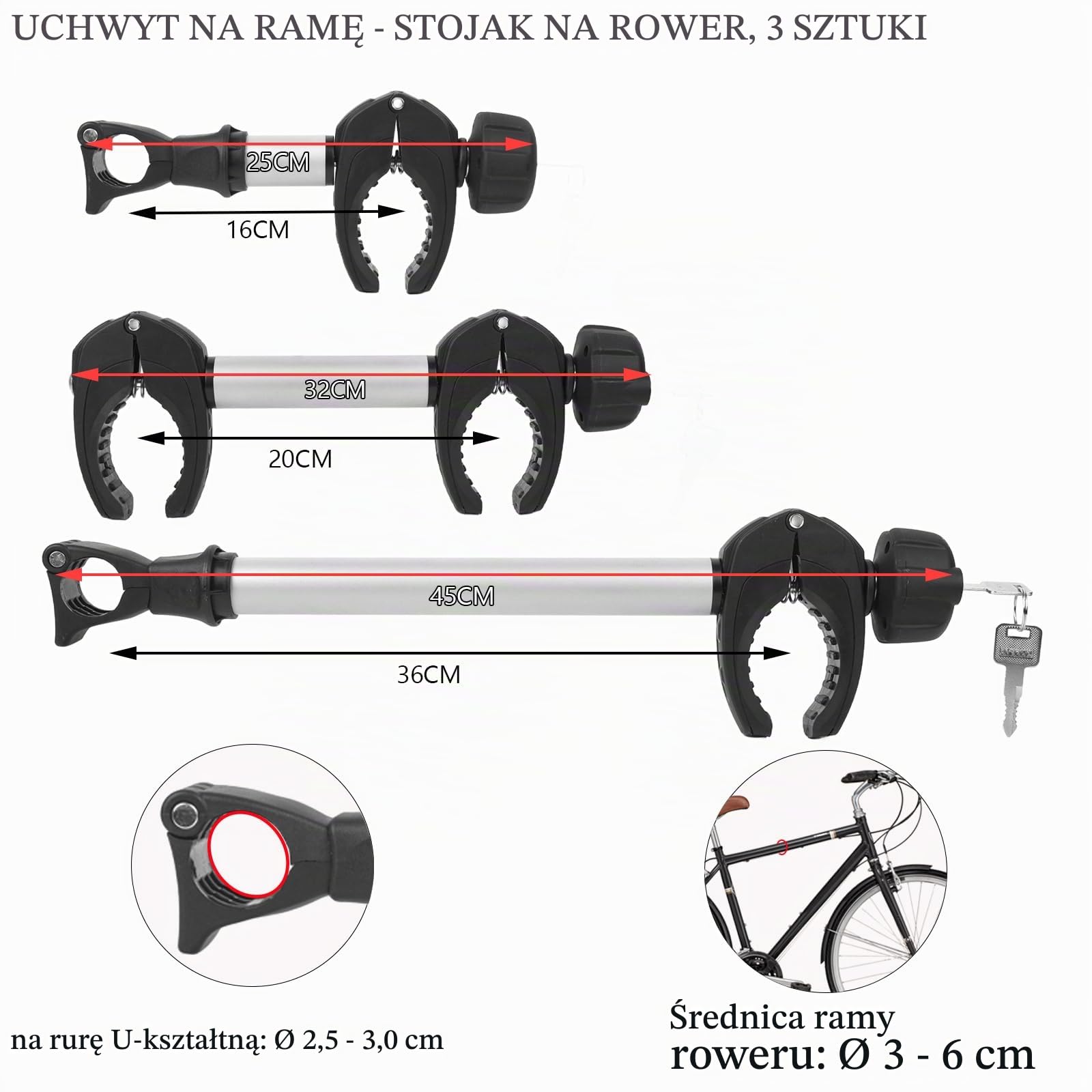 Zestaw 3 uchwytów ramowych do bagażnika na rowery 25 cm + 32 cm + 45 cm długości, uniwersalny uchwyt ramowy, z zamkiem, aluminiowy na rury w kształcie U: Ø 2,5-3 cm, średnica ramy rowerowej: Ø