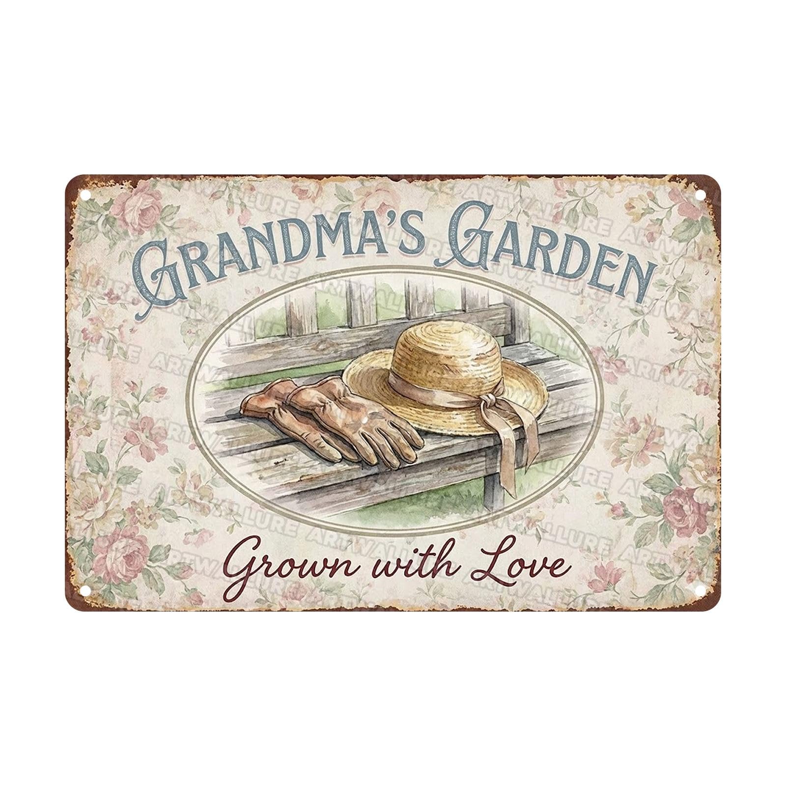 Grandma's Garden Grown with Love Sign Vintage Metal Tin Rose Floral Bench Art Retro Grandma Gift Mother Day Decor for Cottage Porch Patio Sunroom Flower Bed Yard Decoration 8x12Inch