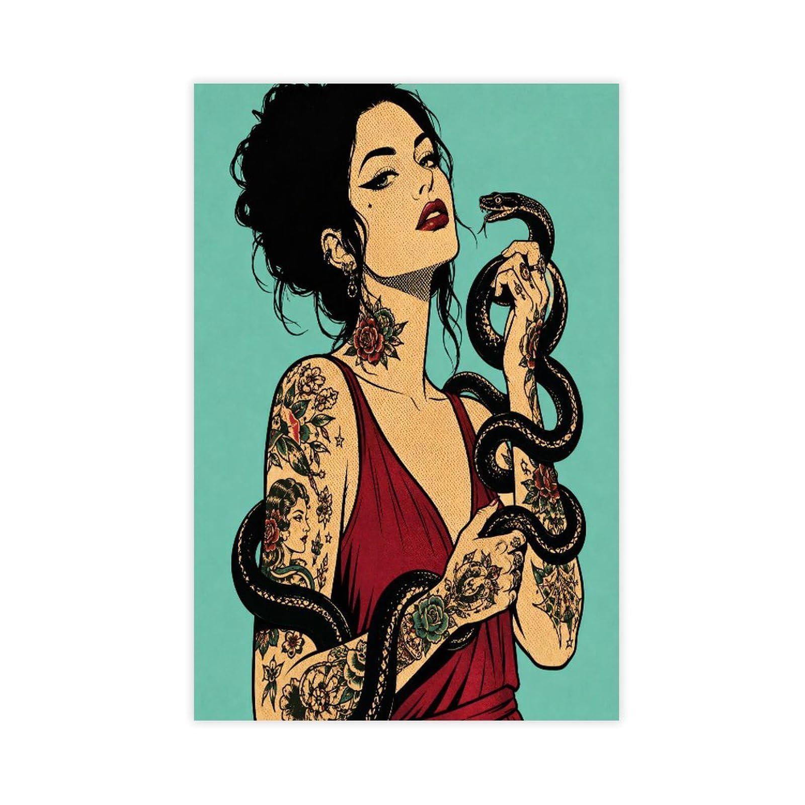 W7c8u2x3 Unframe-Style-24 Tattooed Woman With Snake Canvas Wall Art, Pop Art Reading Corner