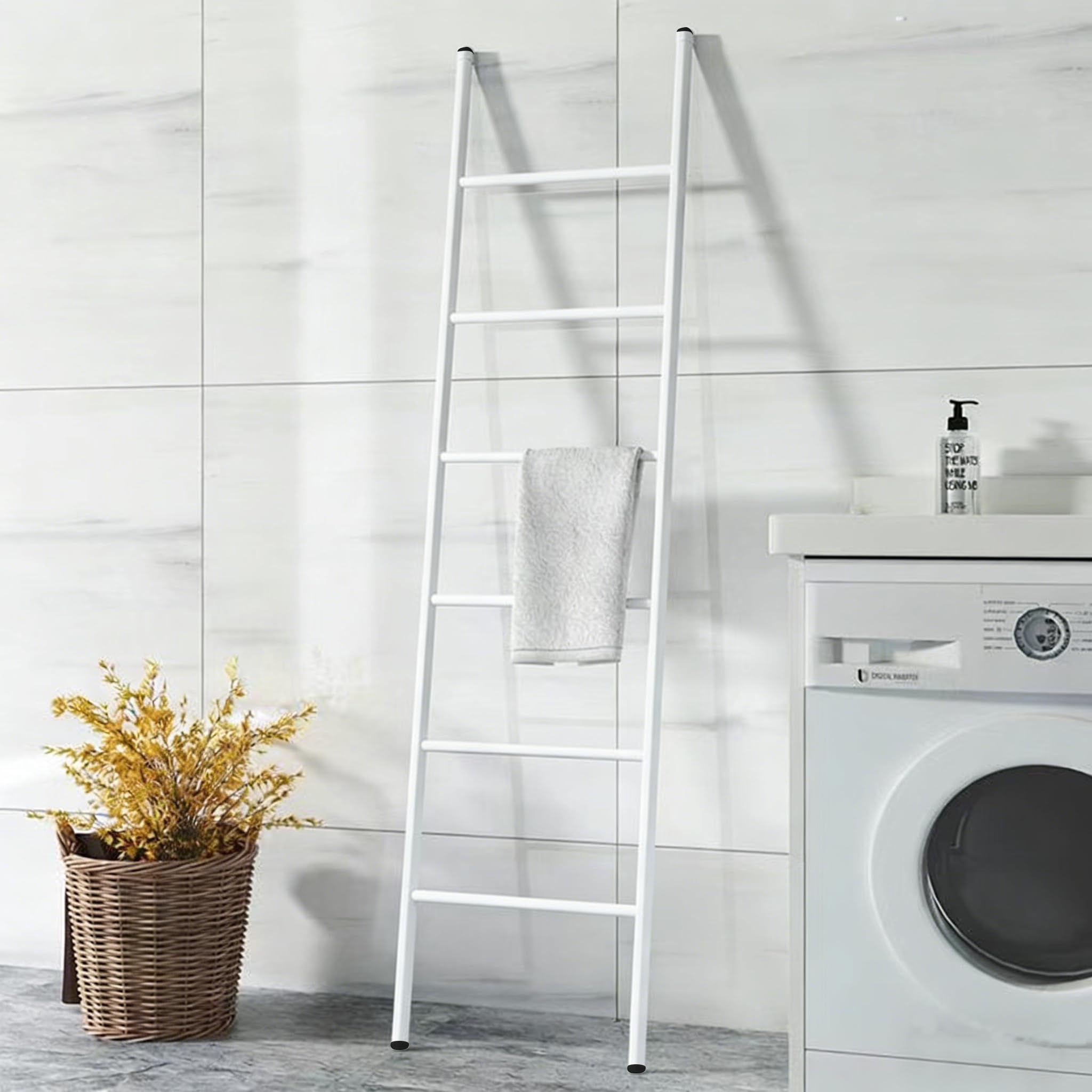 Photo 1 of 6-Tier Blanket Ladder 68 Inch Wall-Leaning Towel Rack for Living Room and Bedroom, Easy Assembly - White