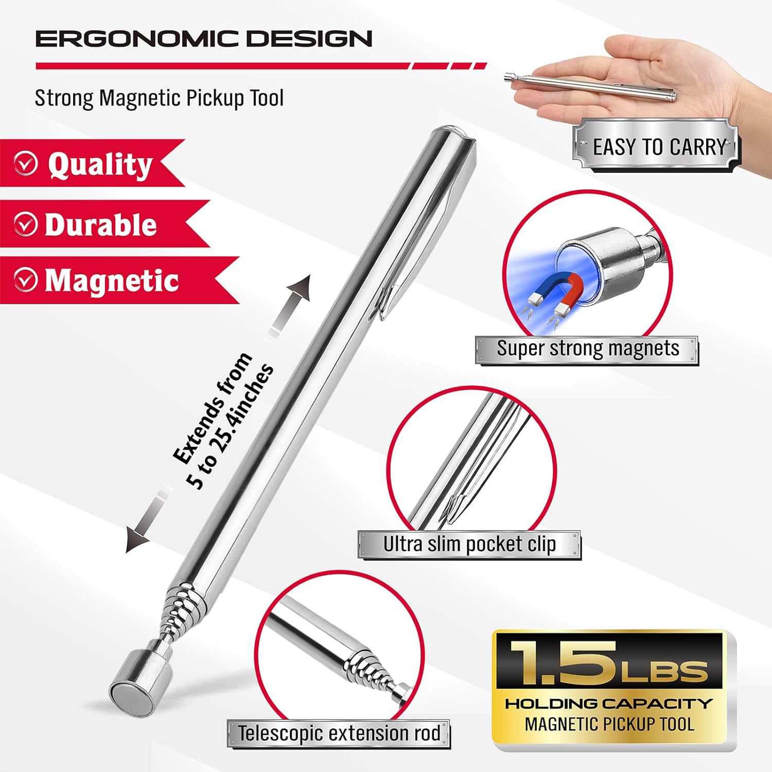 6-Piece Telescoping Magnetic Pickup Tools Set: 31in Portable Magnetic Pickup Stick, 25in Pen-Style Magnetic Pickup Tool, 20in Flexible Bendable Spring Magnet Stick with 4in 9in Magnet Parts Tray