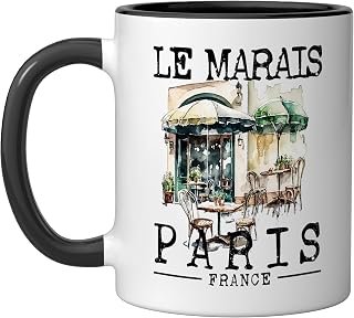 Le Marais Paris France French Café Flowers Picturesque Ceramic Mug, Black/White