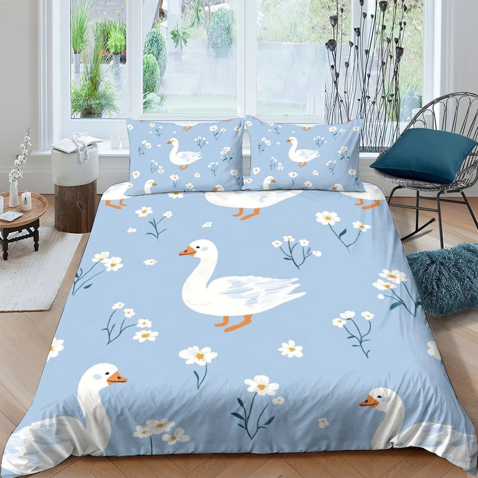 GPLZQXKJNH 3D Printed Goose Flower Duvet Cover Set Microfiber Soft Blue Bedding Set with 2 Pillowcases for Bedroom Decor 120x220cm Single（135x200cm）