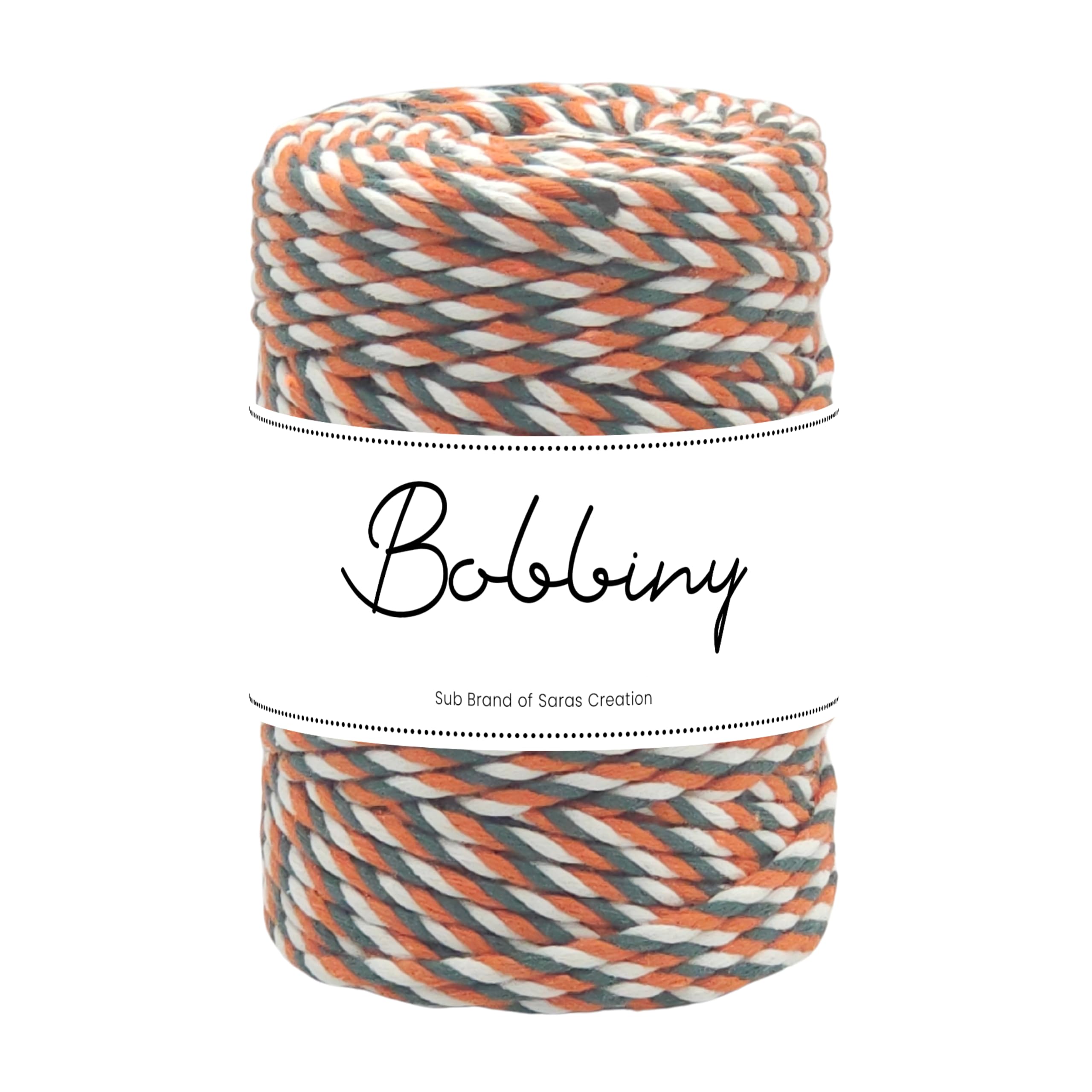 Bobbiny | 3 Ply Twisted Macrame Cotton Cord Dori (Roll Packaging) Thread for Macrame DIY and Other Projects | Orange/Green/White Mix | 4mm,100 Meter