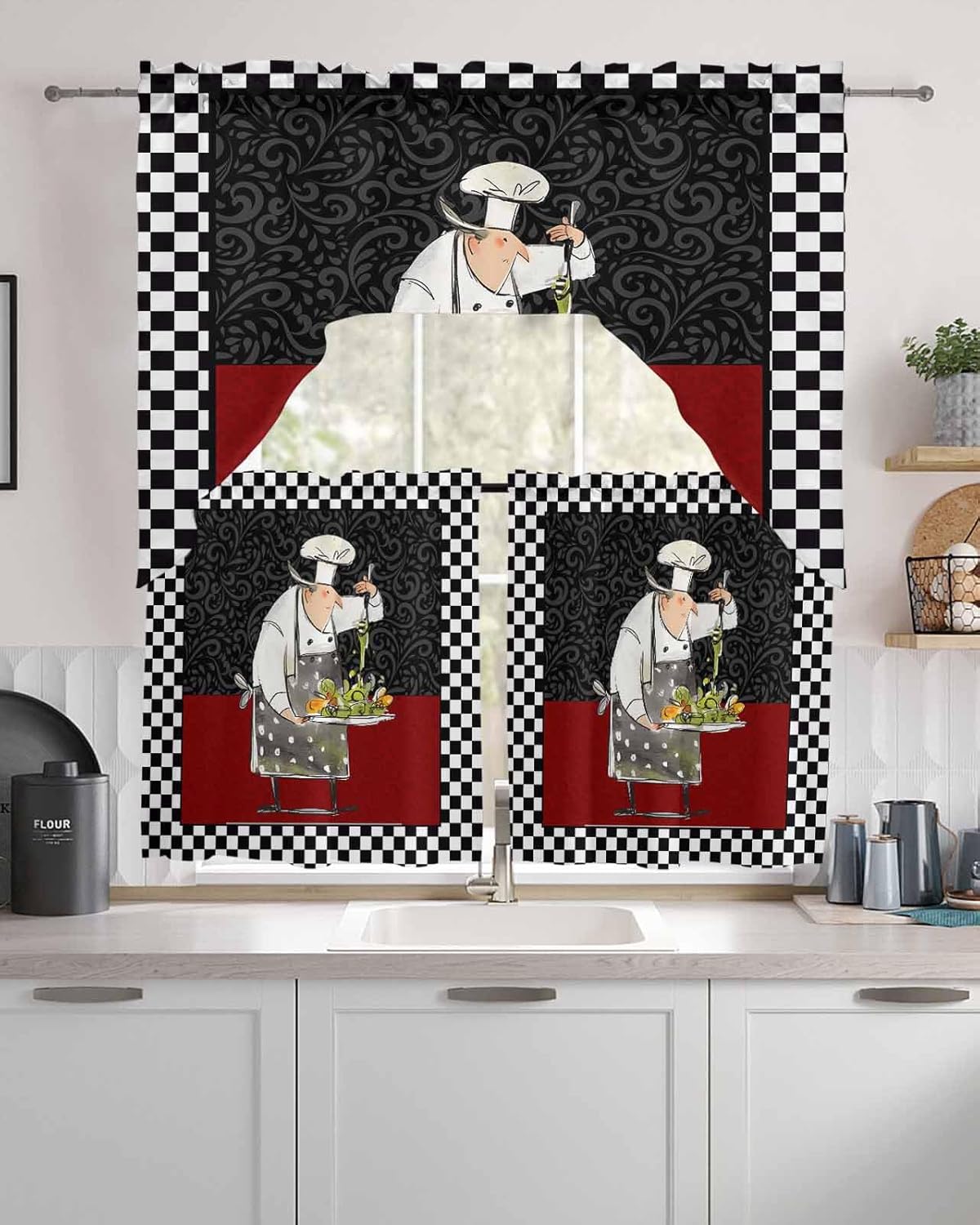 Chef Swag Kitchen Curtain Sets with Valance,3 Pieces Rod Pocket Curtain Drapes for Bedroom Living Room Bathroom Cafe Windows,Vintage Black White Checkered Flag Red Perris 56''x36''&24''x27.5''x2Panels