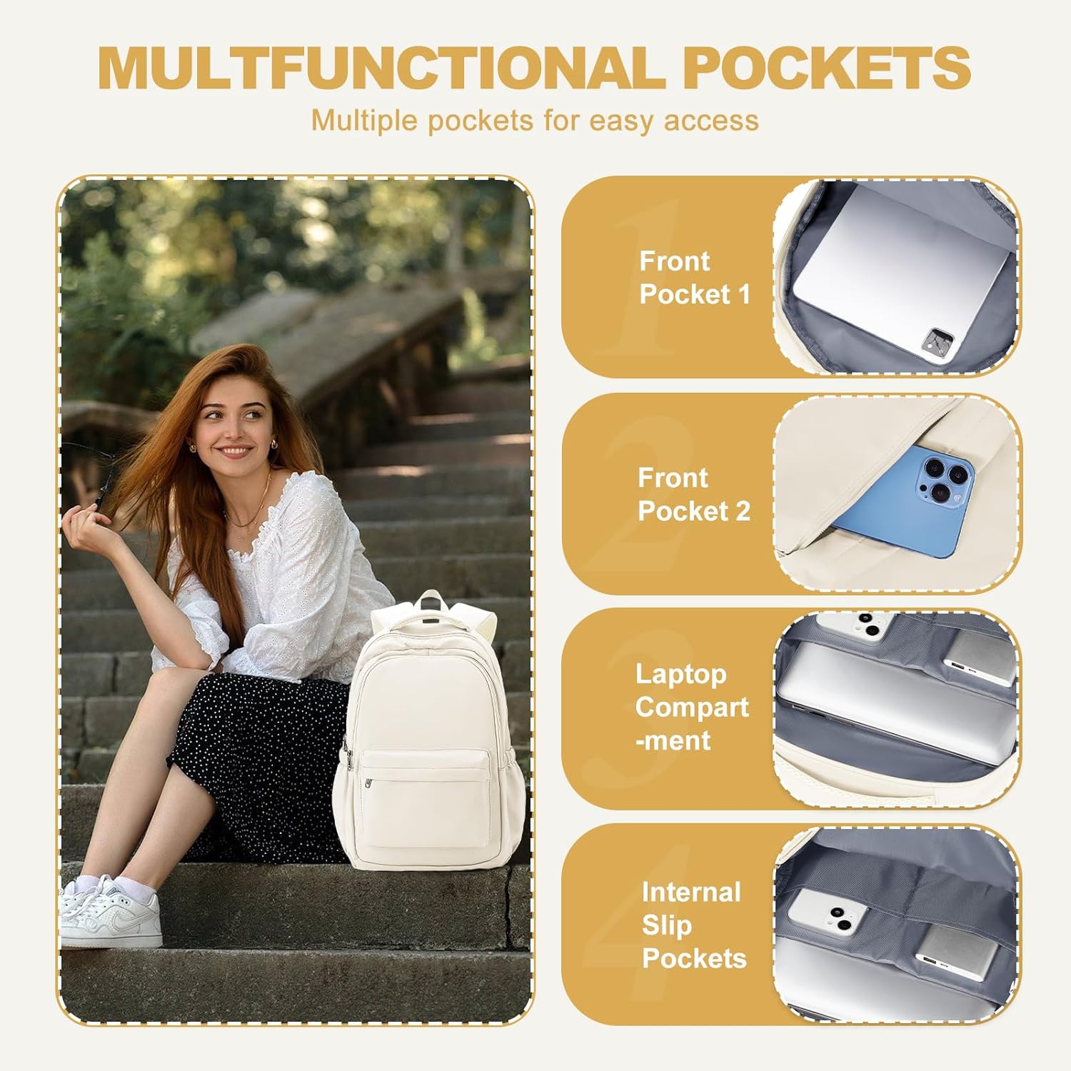 Lightweight School Backpack for Women Men, Laptop Travel Casual Daypack College Secondary School Bags Bookbag for Teenage Girls Boys, Beige
