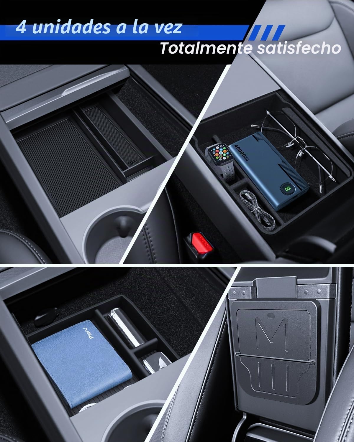 4 accesorios para Tesla Model 3 2024-2026 organizador de consola central, bandeja organizadora de silicona, caja de almacenamiento para reposabrazos y caja oculta (flocado)