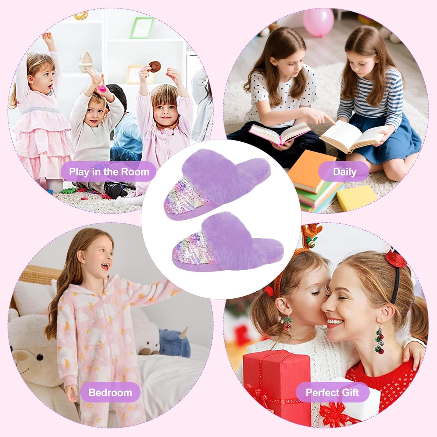 Orthoshoes Girls Sequined Fluffy Slippers, Faux Fur Memory Foam, Non-Slip Indoor House Shoes - Image 6