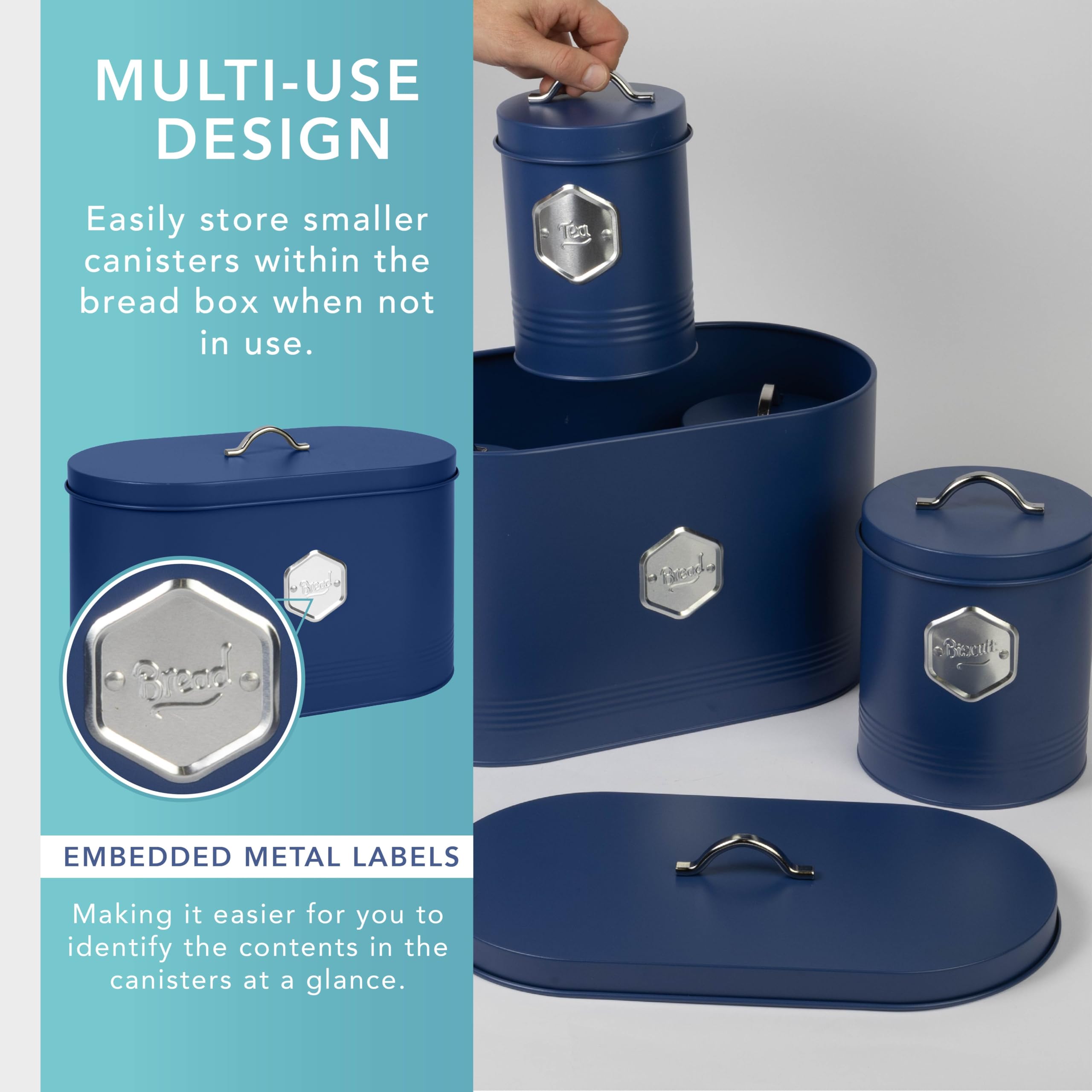 HEFTMAN Juego de recipientes de cocina azules, elegante juego de 5 recipientes de almacenamiento de cocina para pan, galletas, azúcar, café, té, juego de almacenamiento hermético, recipientes