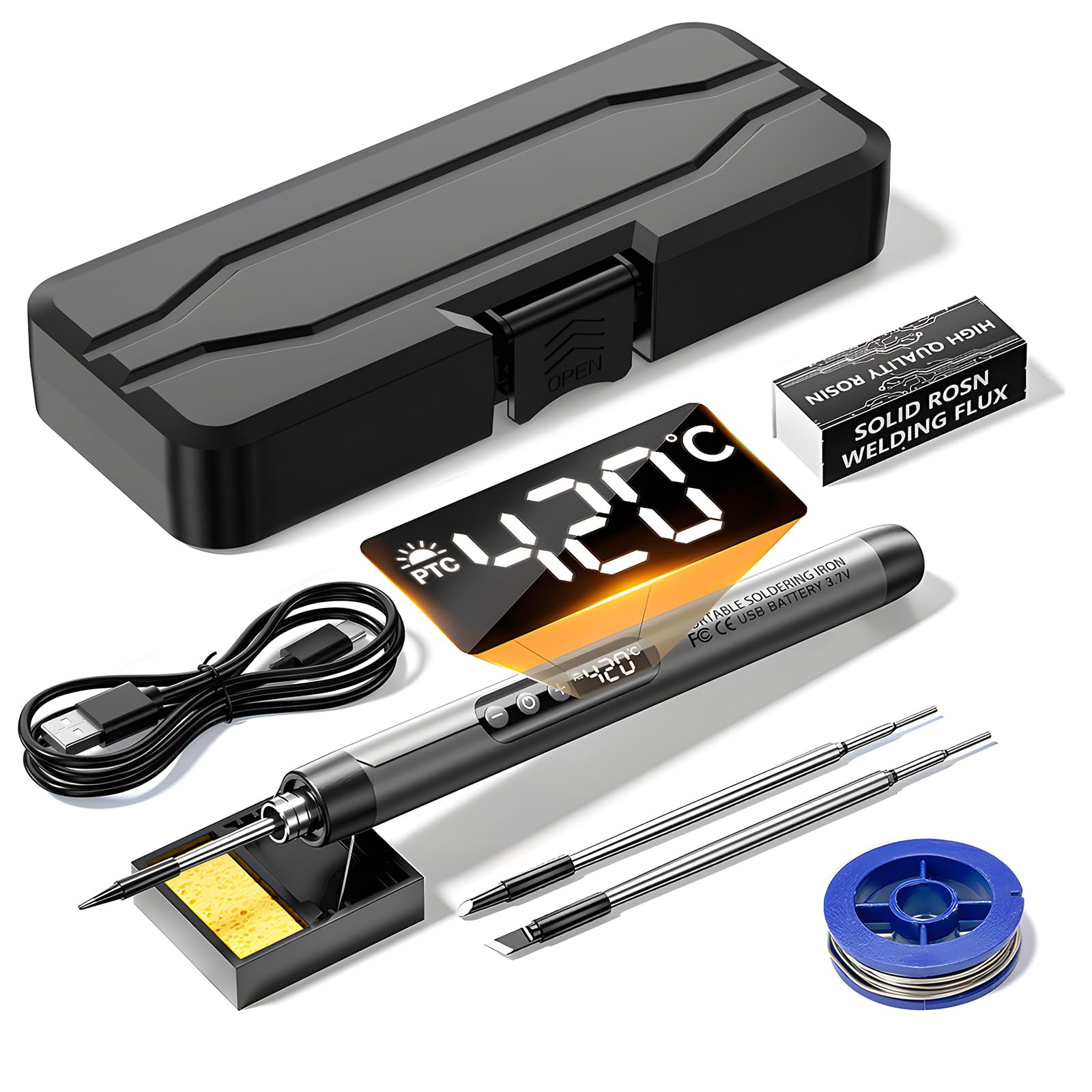 Cordless Soldering Iron Kit, Rechargeable USB Soldering Tool with LCD Display 3 Tips, Solder Wire, Adjustable Temperature 260℃ - 420℃, Portable Electric Soldering Pen for Home Appliance Repairs