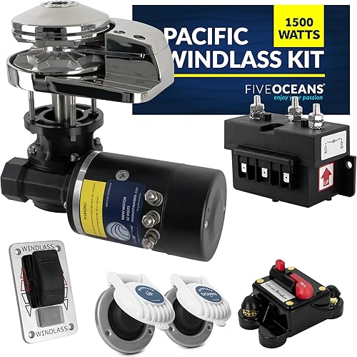 Five Oceans Windlass Kit, Boat Anchor Windlass, 12V DC, Includes Solenoid, Circuit Breaker, UpDown Foot Switch and Rocker Switch, Vertical Series