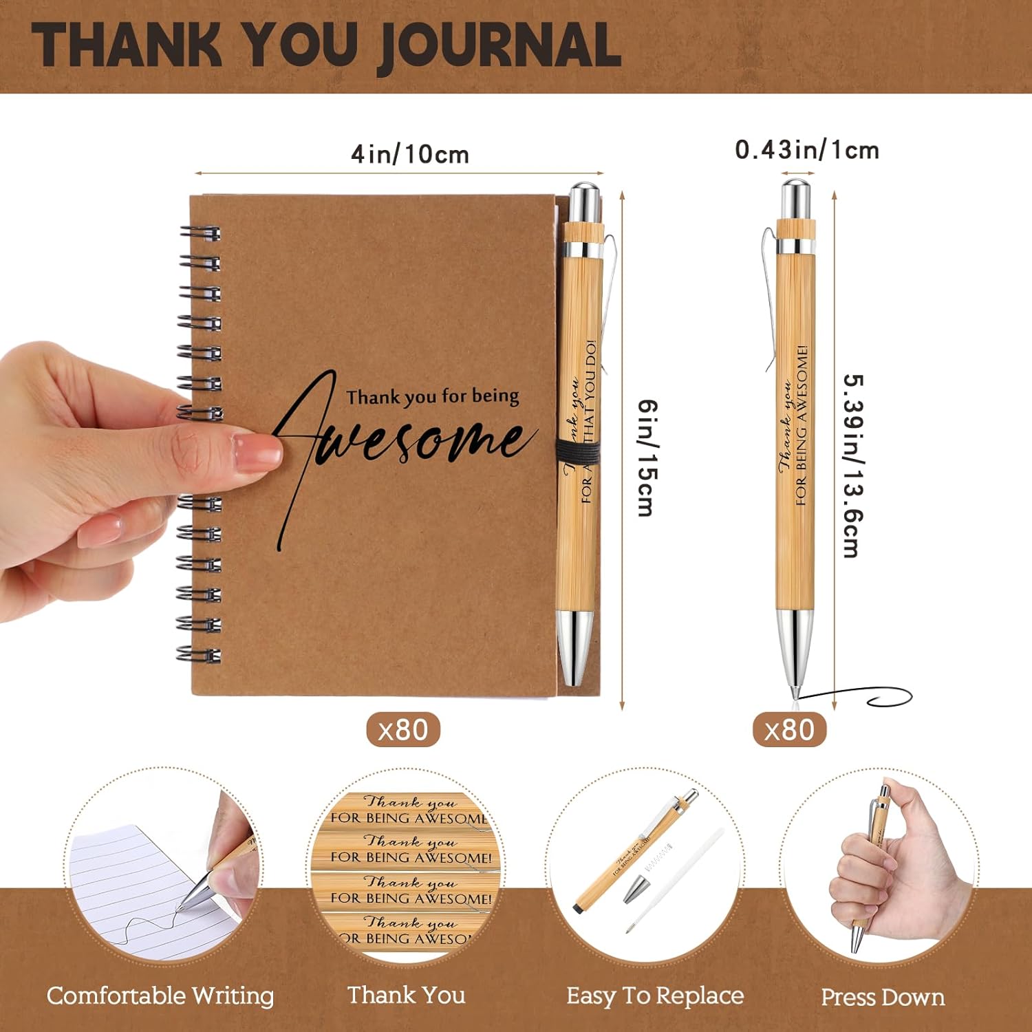 Honoson 80 Sets Spiral Notebooks Sets Employee Appreciation Gift Bulk Inspirational Journal with Retractable Bamboo Pen Encouragement Notepad Christmas Thank You Gifts for Teacher Coworker (Brown) - Image 2