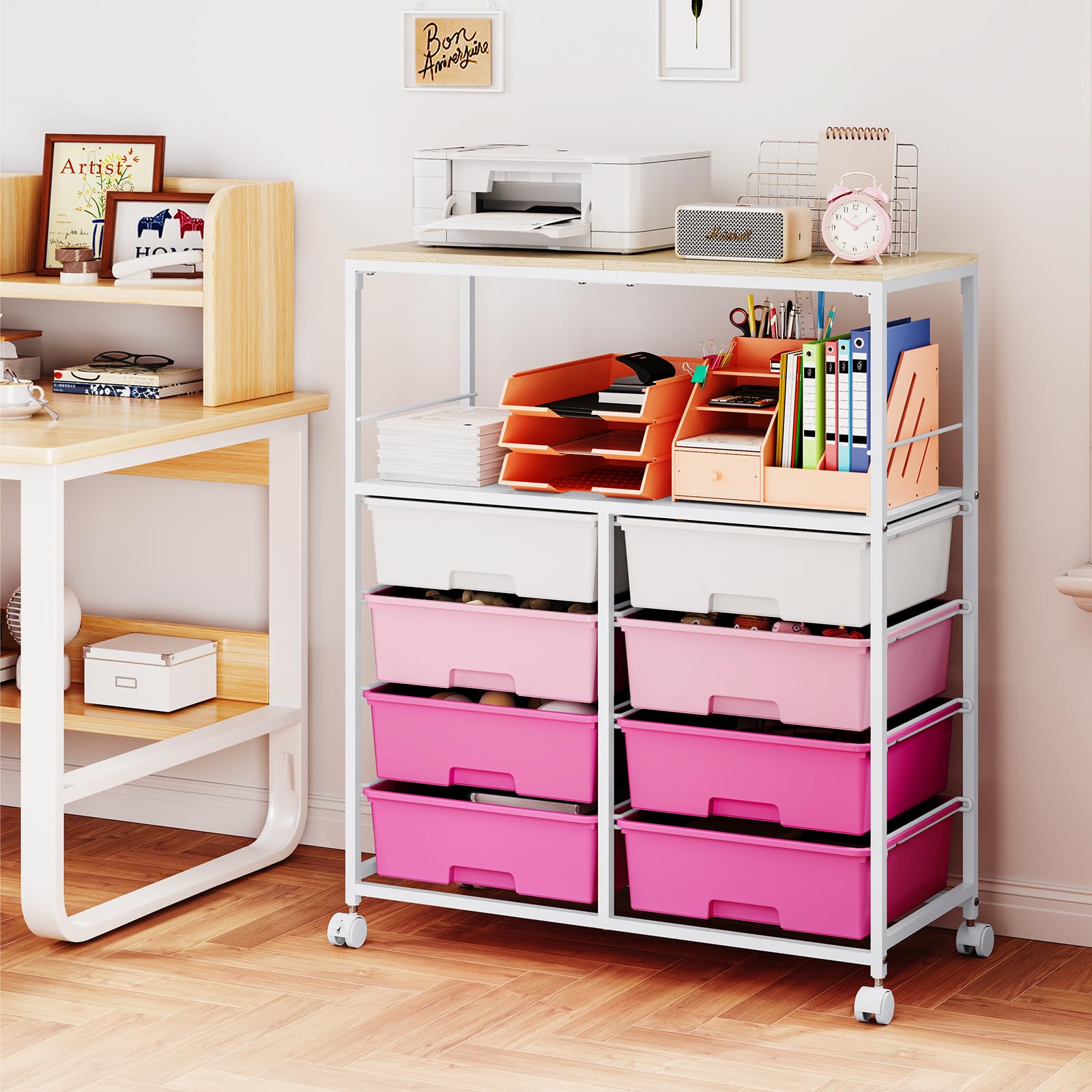 SYKIARIOL Carrello a rotelle con 8 cassetti, multiuso in metallo, per ufficio, cucina, bagno, soggiorno, ruote bloccabili, rosa