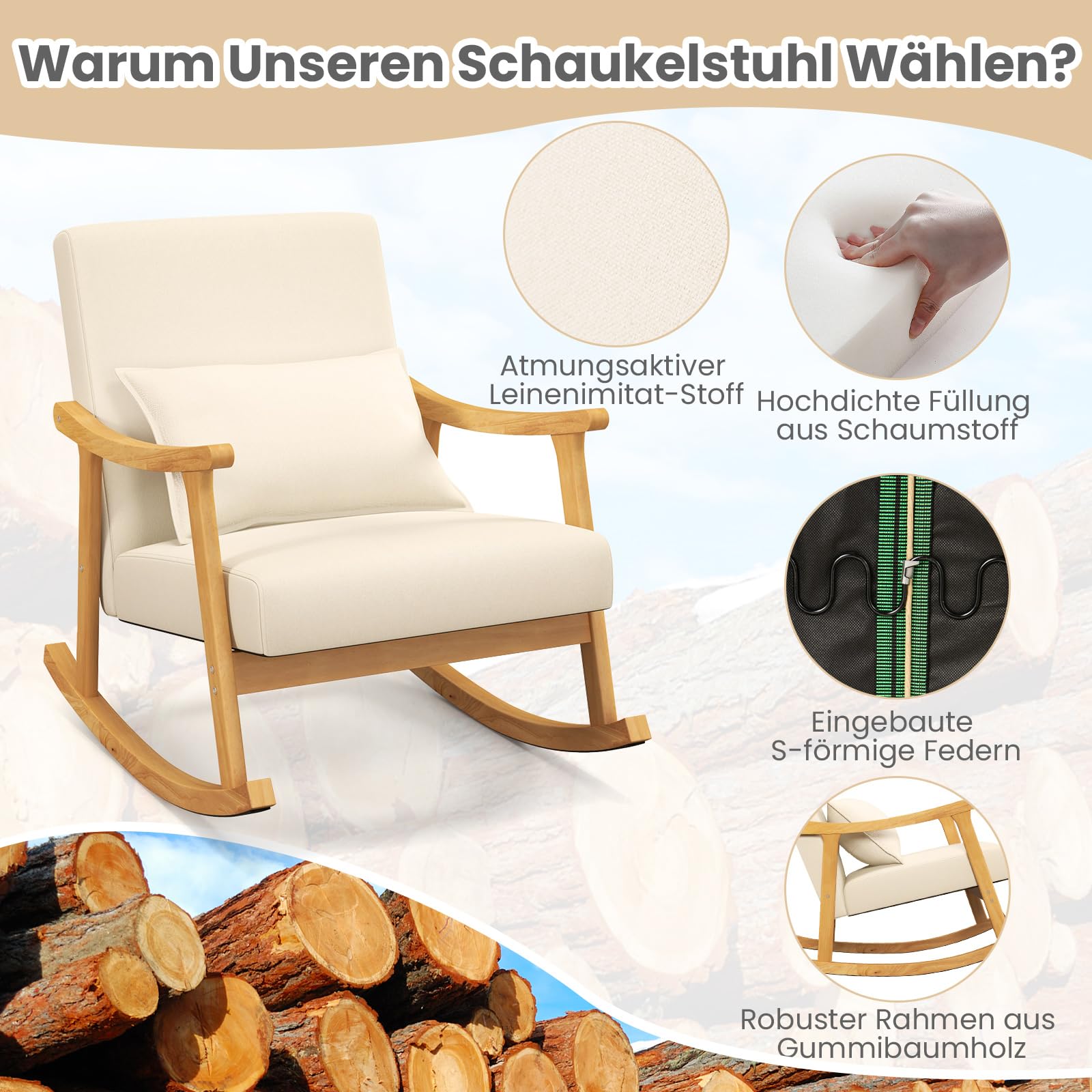 Sweiko Comfortabele Schommelstoel Met Voetenbank In De Woonkamer Fauteuil Beige Kleur Gebogen Voet Zacht Gevoerde Hoge Rugleuning