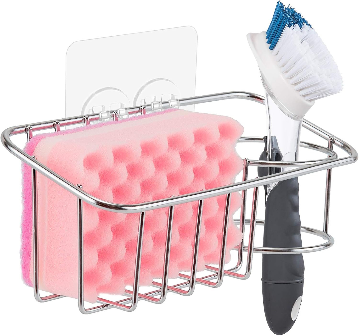 iPEGTOP Adhesive Sponge Holder + Brush Holder, 2-in-1 Sink Caddy Organizer Basket with Adhesive, SUS304 Stainless Steel Rustproof Waterproof, No Drilling