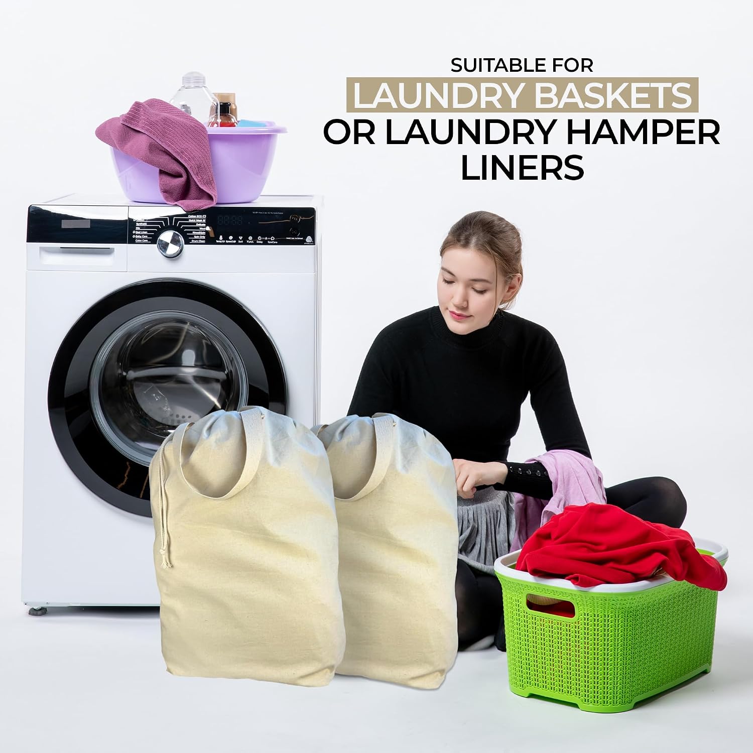SET of 2-100% Cotton Laundry Bags Extra Large Heavy Duty, Canvas Laundry Bag with 2 Handles and Drawstring, College Laundry Bag, Washable, made in USA.