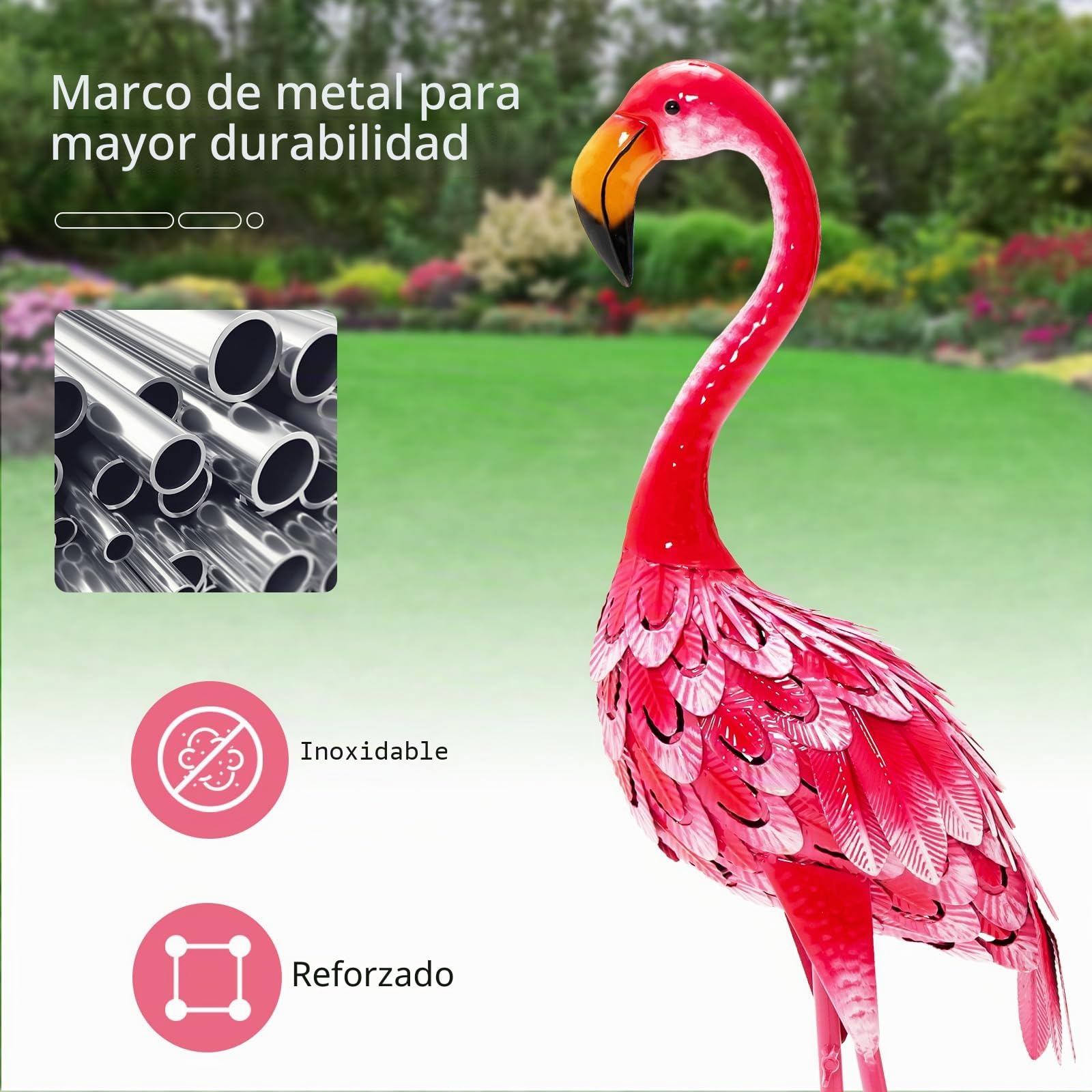 SOARS Set de 2 estatuas de jardín, decoración de flamenco de metal, esculturas para exteriores, para casa, terraza, patio trasero y césped (flamenco)