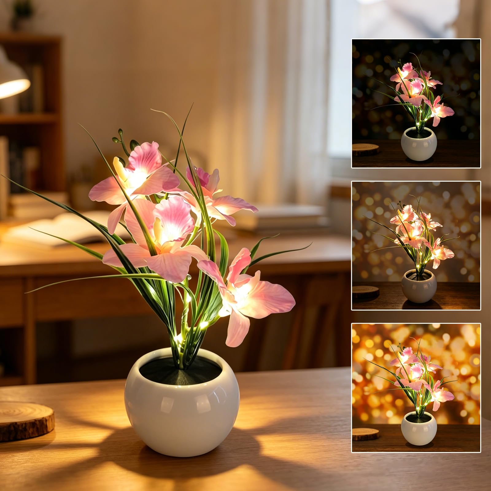 Orchid Flower Lamp, Artificial Flowers in Vase Night Light, Touch Stepless Dimming USB Rechargeable,Operated Decorative Table Lamp for Home Decor, Decorative Landscape Lights Gift for Women