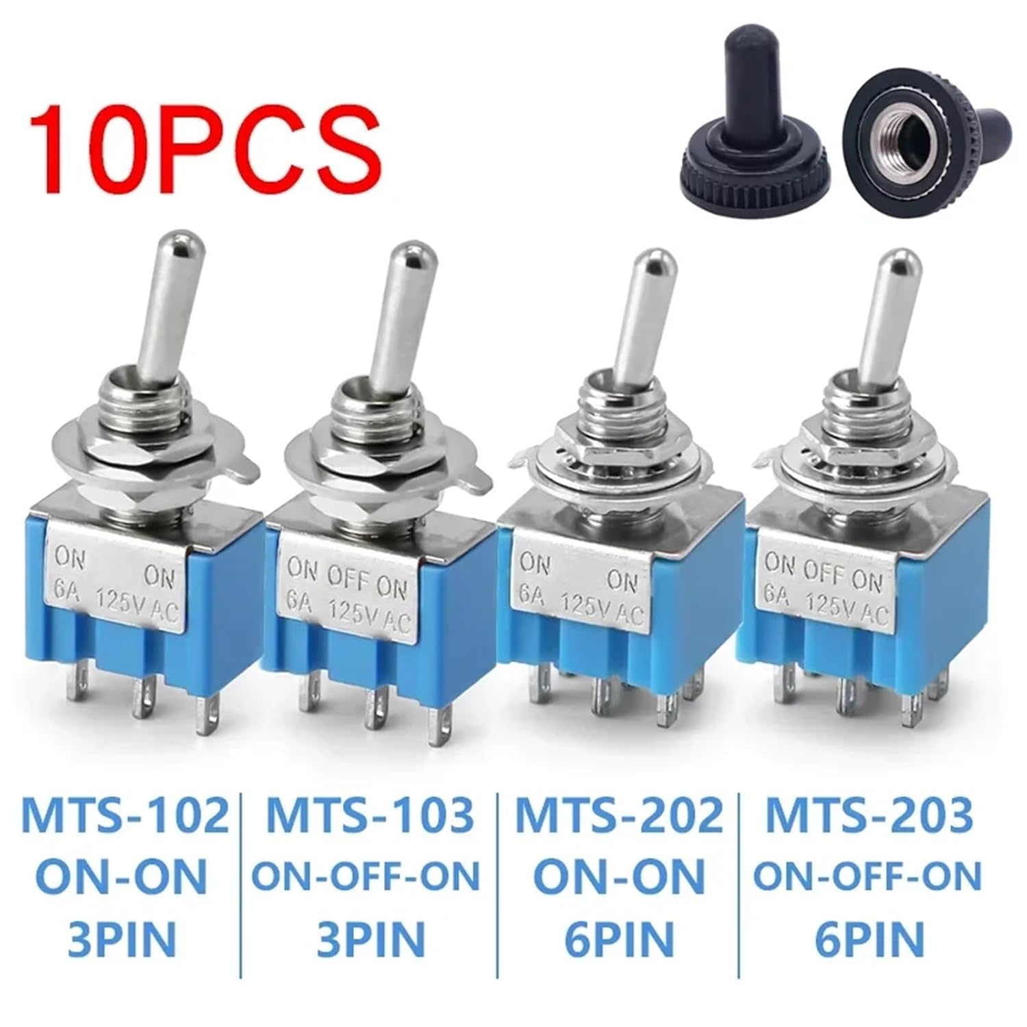 10PCS 102 103 202 203 3Pins 6 Pins Mini Toggle Switch for Switching Lamp Light ON-Off-ON/ON-ON Switch 6A 125VAC(MTS103 Light Blue)
