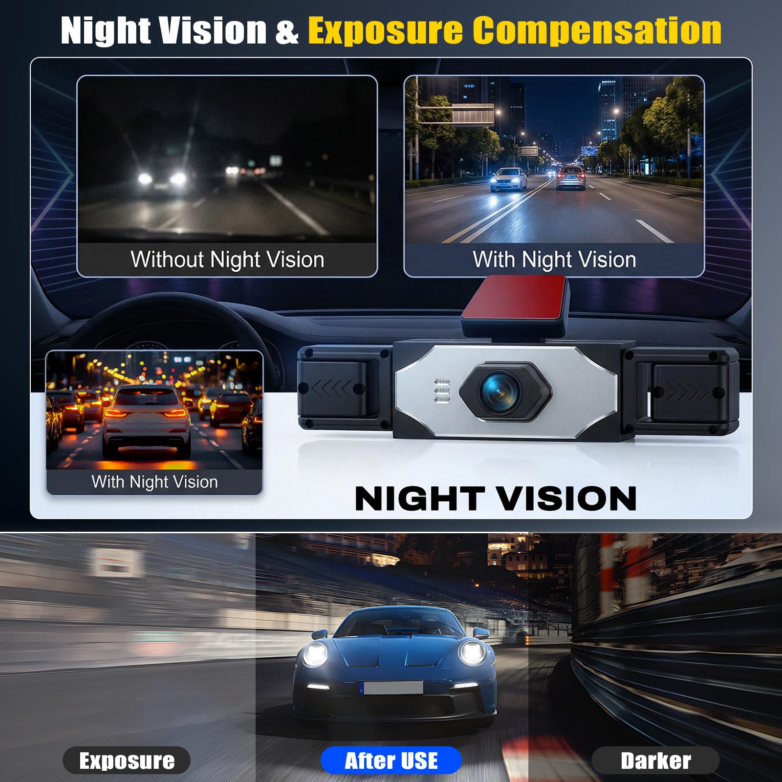 Cámara para Coche, 4 Canales Frontal Trasera Izquierda y Derecha 1080P HD, Protección Integral de 360°, Grabación de vídeo de Seguridad para Coche, Visión Nocturna, Grabación en Bucle