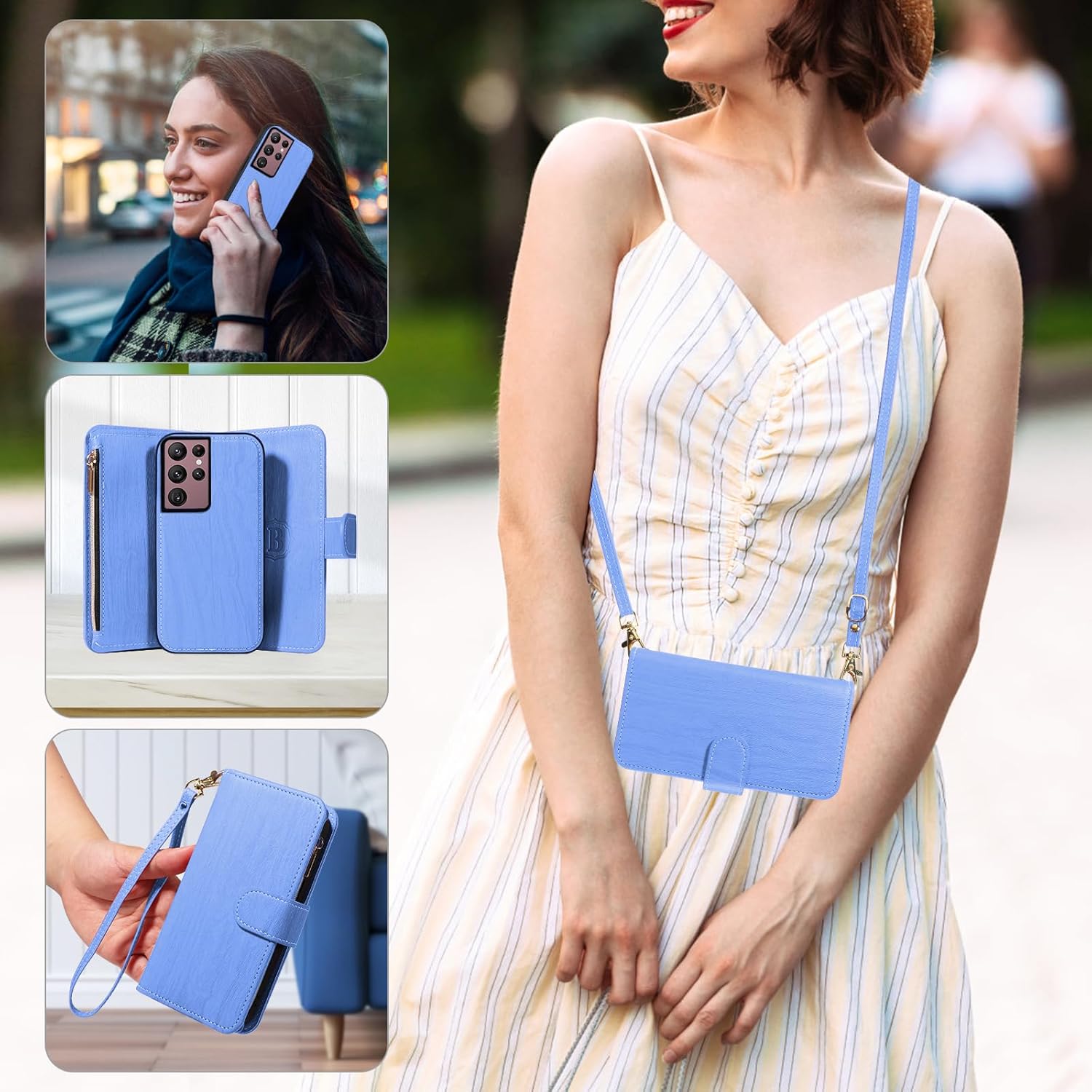 Asuwish Phone Case for Samsung Galaxy S22 Ultra 5G Zipper Wallet Detachable Cell Cover with Tempered Glass Screen Protector Crossbody Strap Card Holder Slot S22ultra 22S S 22 S22ultra5g 6.8 Women Blue