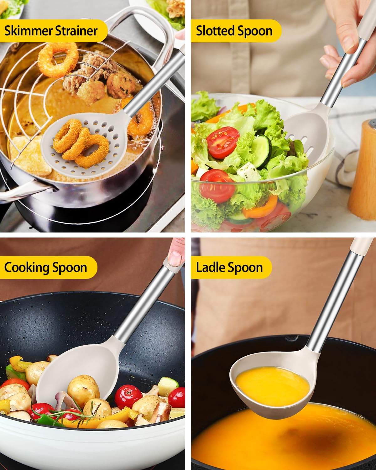 Juego de utensilios de cocina de silicona, 8 utensilios de cocina antiadherentes con mango de acero inoxidable, sin BPA, herramientas de cocina resistentes al calor con espátulas, volteadores,