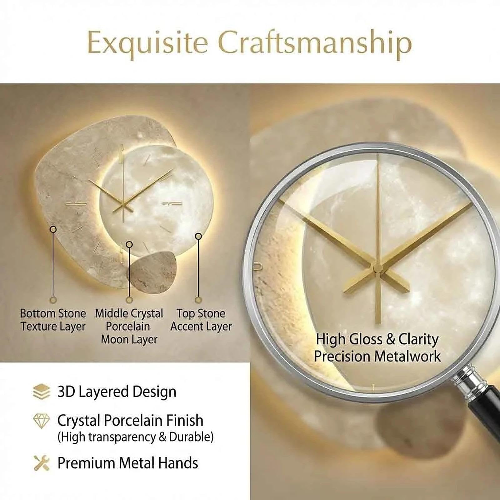 Creativo orologio da parete a LED e grande orologio da parete per soggiorno, movimento silenzioso e luminoso, per decorazione domestica, ufficio, corridoio, struttura 3D in porcellana con cristallo