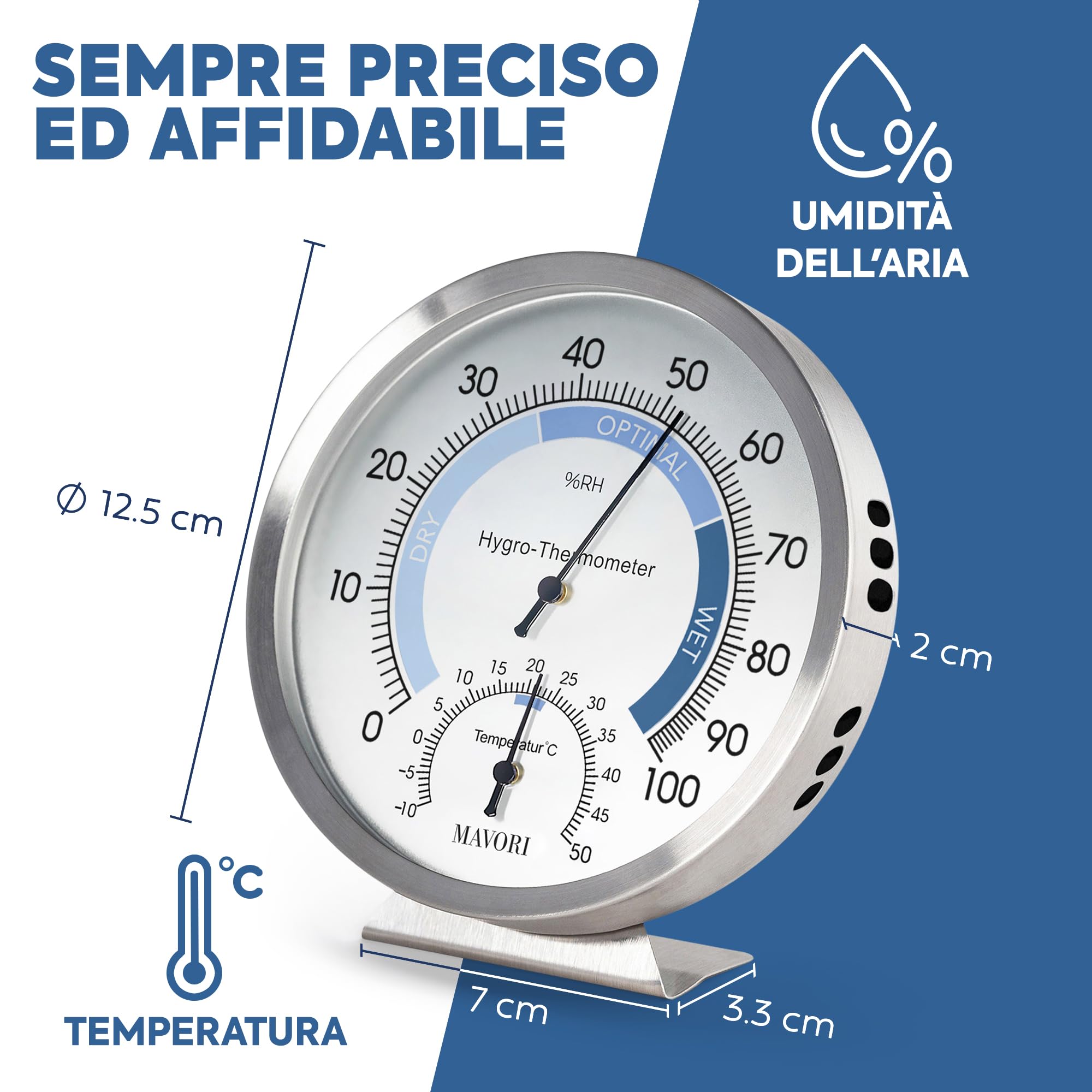 Igrometro analogico e termometro da interno 2 in 1 acciaio inox Ø 12,5 cm